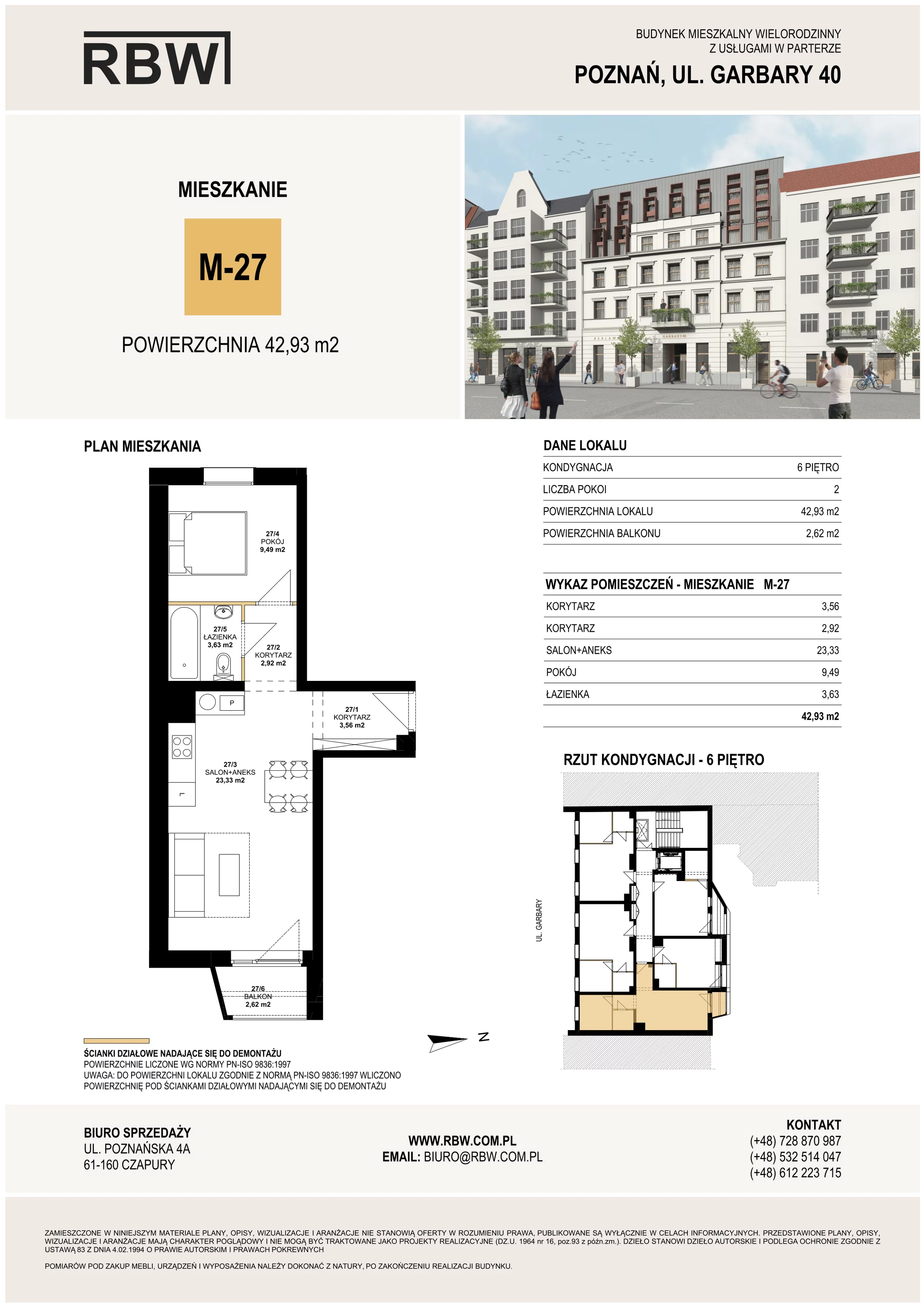 Mieszkanie 42,93 m², piętro 6, oferta nr M27, Garbary 40, Poznań, Stare Miasto, Stare Miasto, ul. Garbary 40