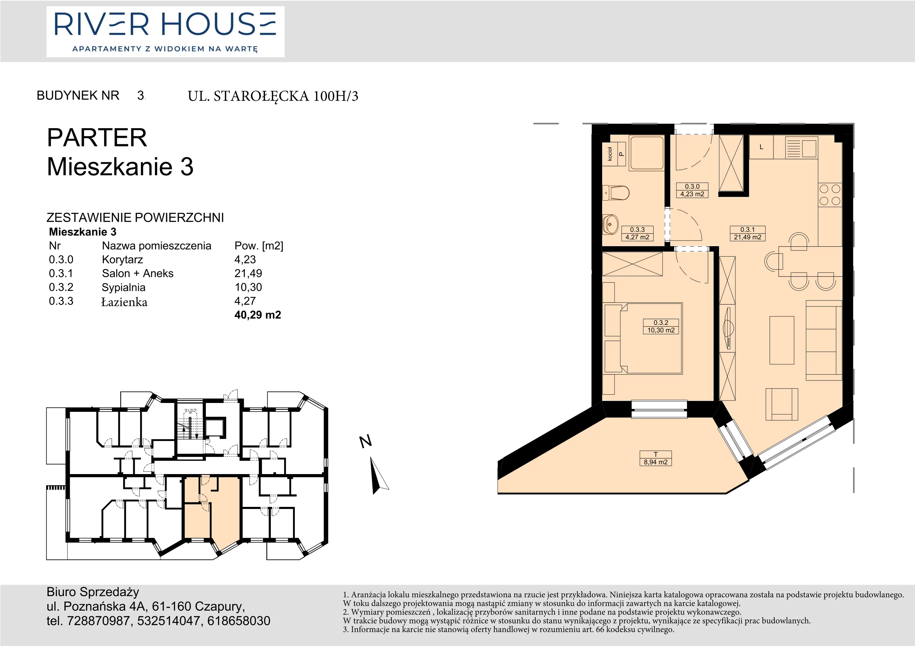 Mieszkanie 40,29 m², parter, oferta nr 3-0/3., River House, Poznań, ul. Starołęcka 110