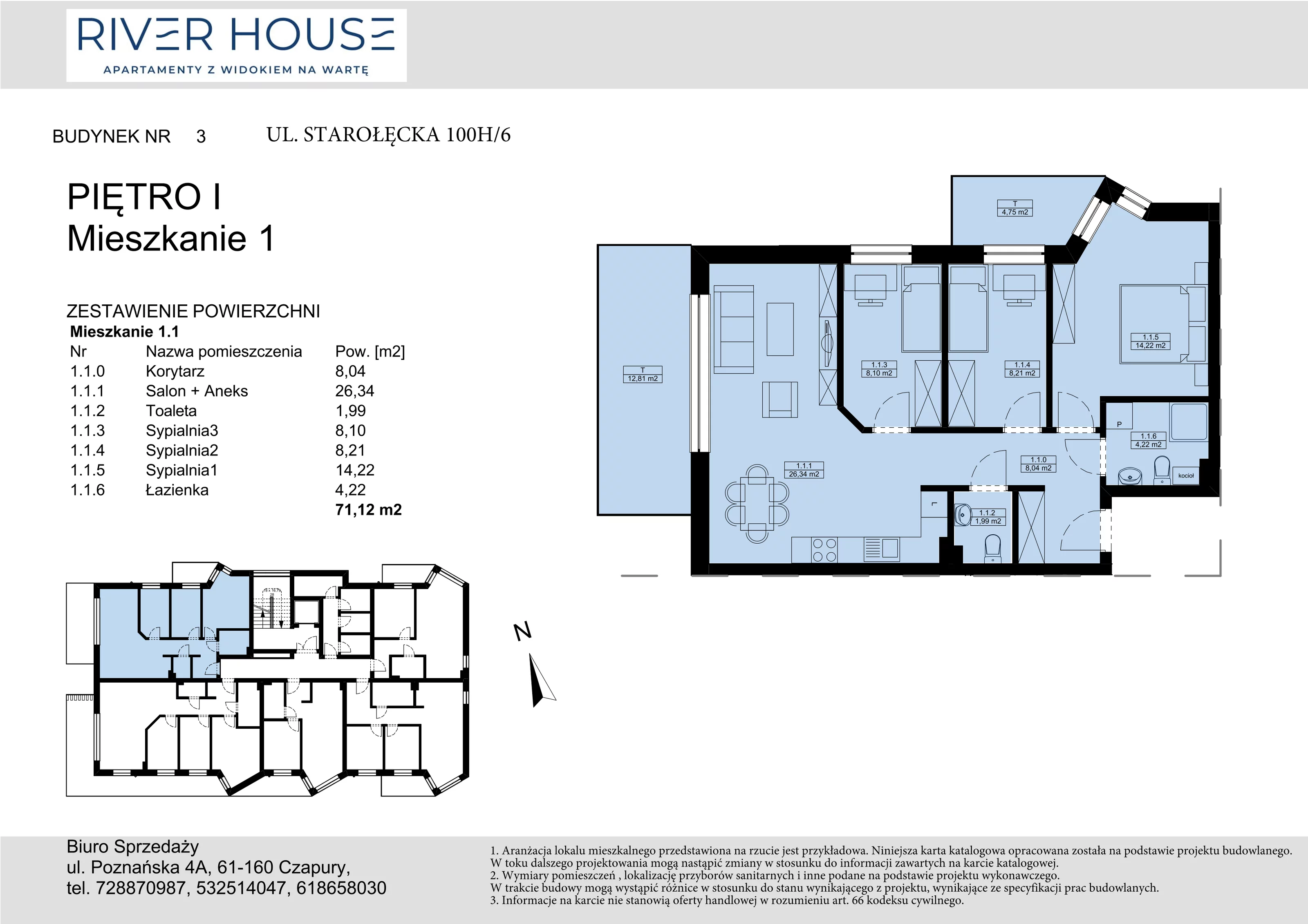 4 pokoje, mieszkanie 71,12 m², piętro 1, oferta nr 3-1/1., River House, Poznań, Starołęka-Minikowo-Marlewo, ul. Starołęcka 110