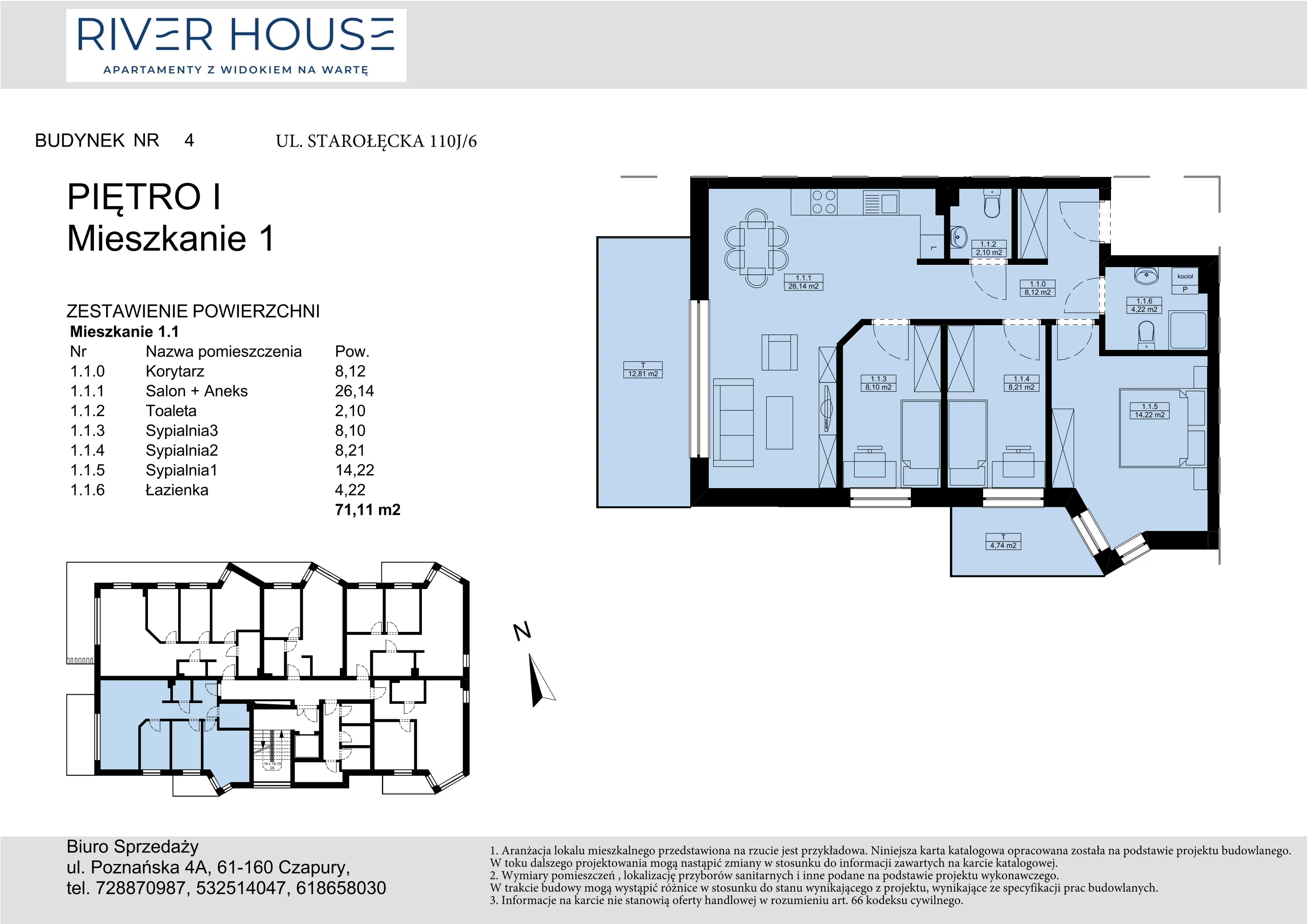 4 pokoje, mieszkanie 71,11 m², piętro 1, oferta nr 4-1/1., River House, Poznań, Starołęka-Minikowo-Marlewo, ul. Starołęcka 110