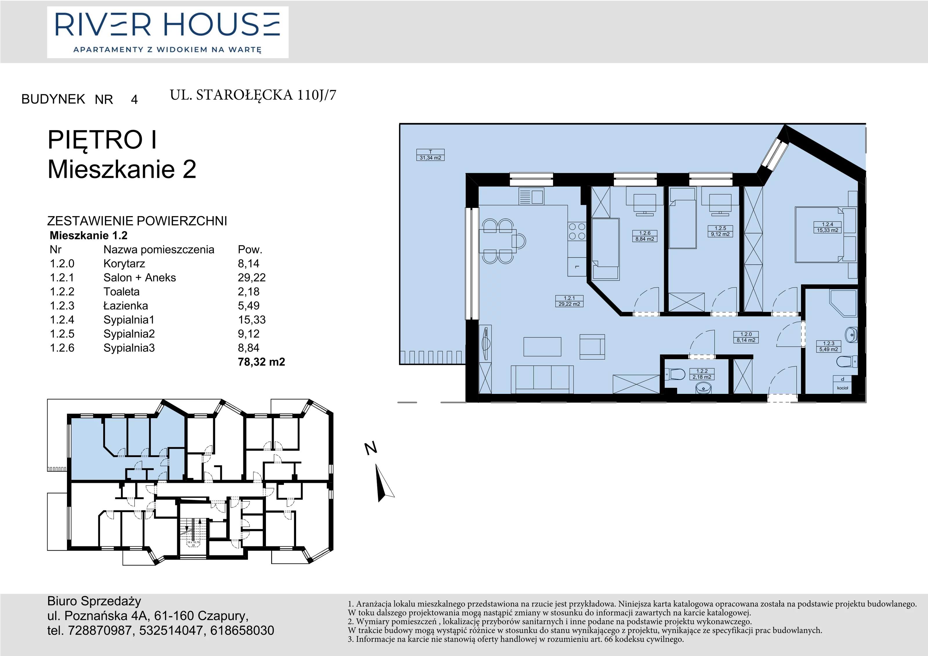 4 pokoje, mieszkanie 78,32 m², piętro 1, oferta nr 4-1/2., River House, Poznań, Starołęka-Minikowo-Marlewo, ul. Starołęcka 110