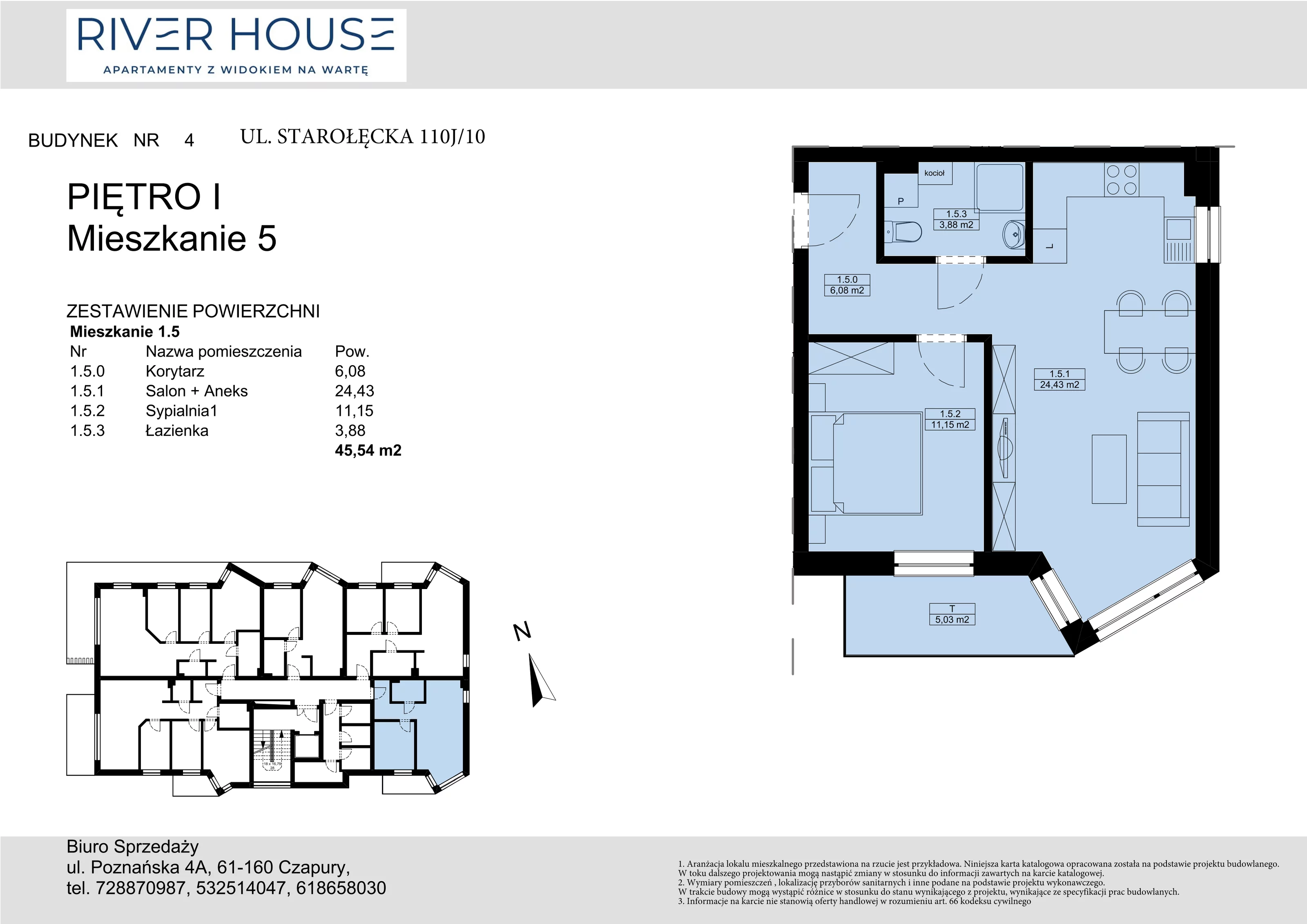 2 pokoje, mieszkanie 45,54 m², piętro 1, oferta nr 4-1/5., River House, Poznań, Starołęka-Minikowo-Marlewo, ul. Starołęcka 110