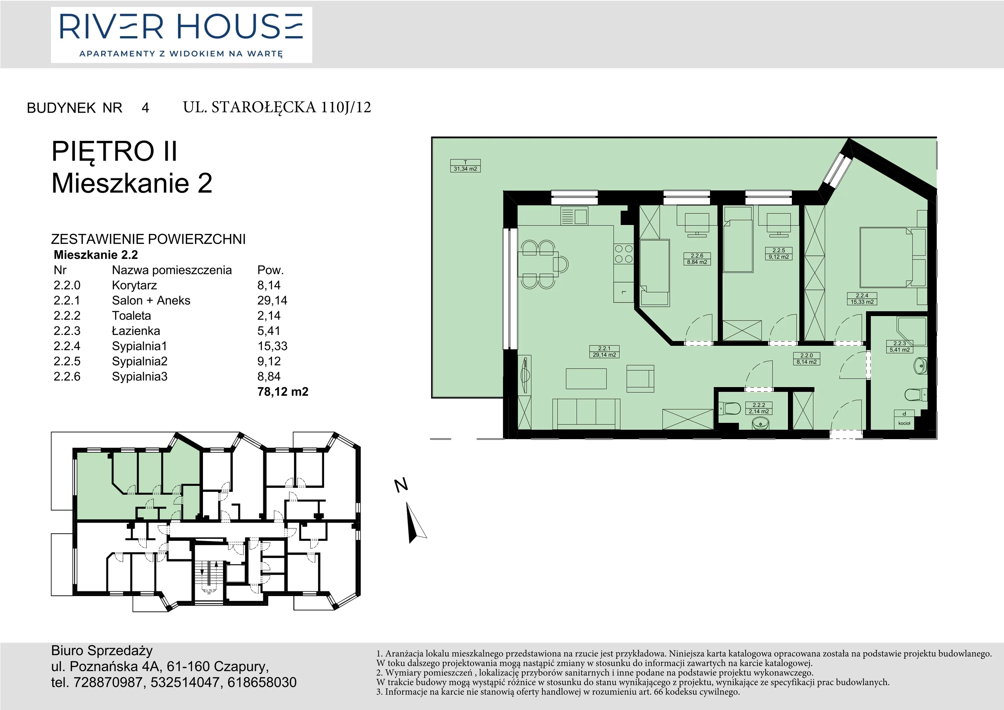 4 pokoje, mieszkanie 78,12 m², piętro 2, oferta nr 4-2/2., River House, Poznań, Starołęka-Minikowo-Marlewo, ul. Starołęcka 110