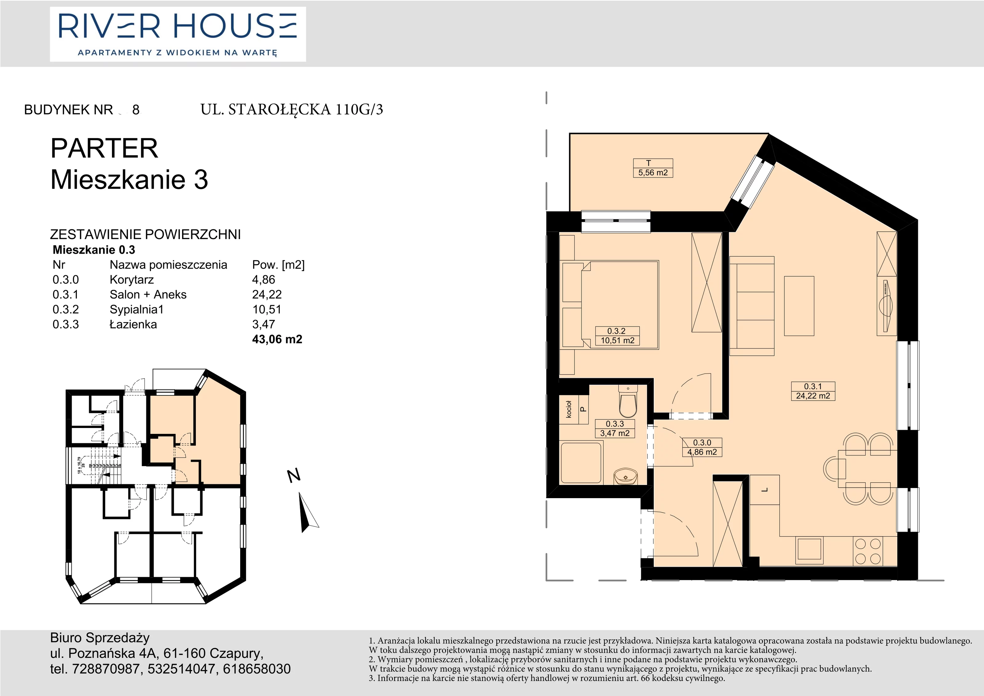 Mieszkanie 43,06 m², parter, oferta nr 8-0/3., River House, Poznań, ul. Starołęcka 110