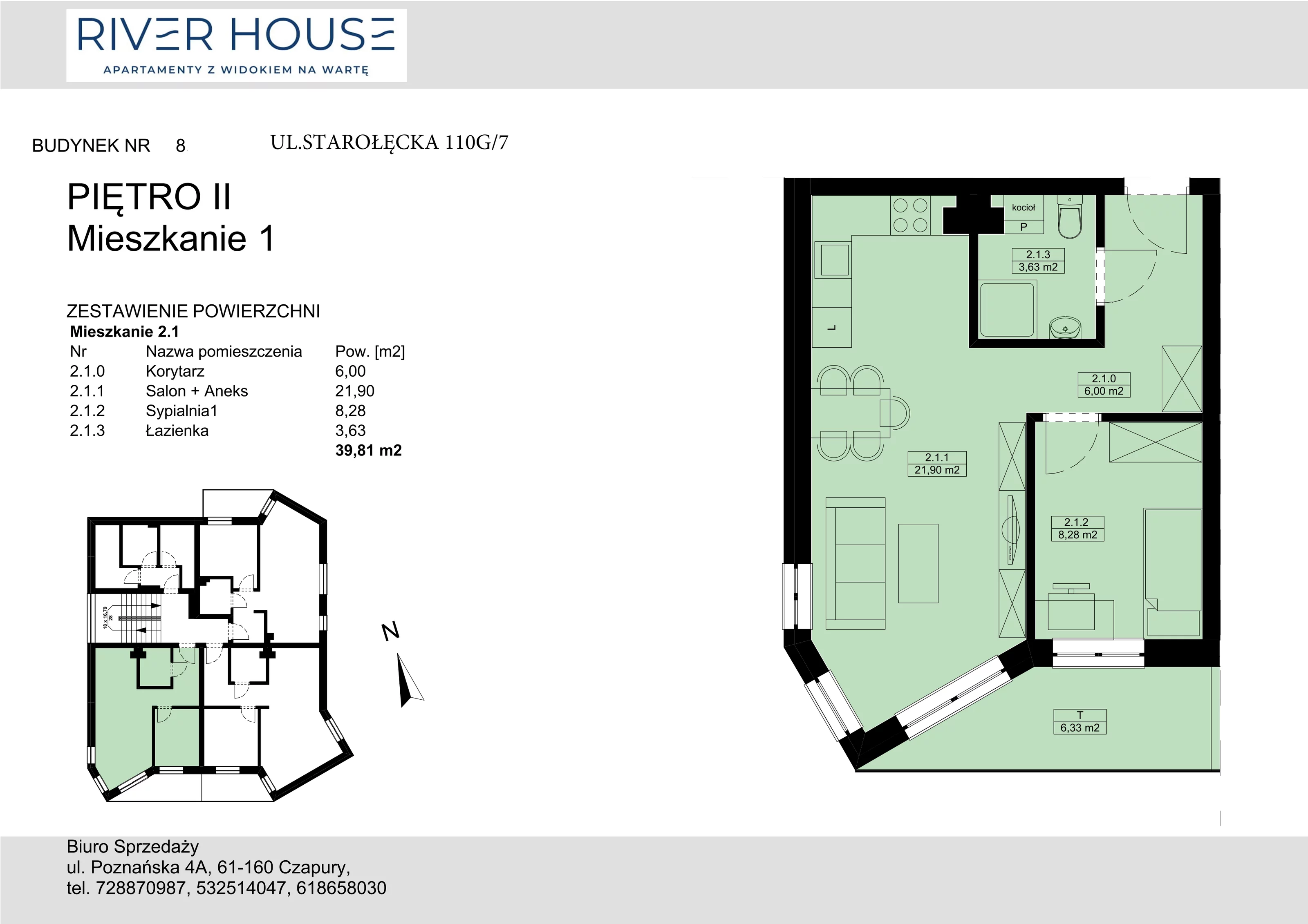 Mieszkanie 39,81 m², piętro 2, oferta nr 8-2/1., River House, Poznań, ul. Starołęcka 110