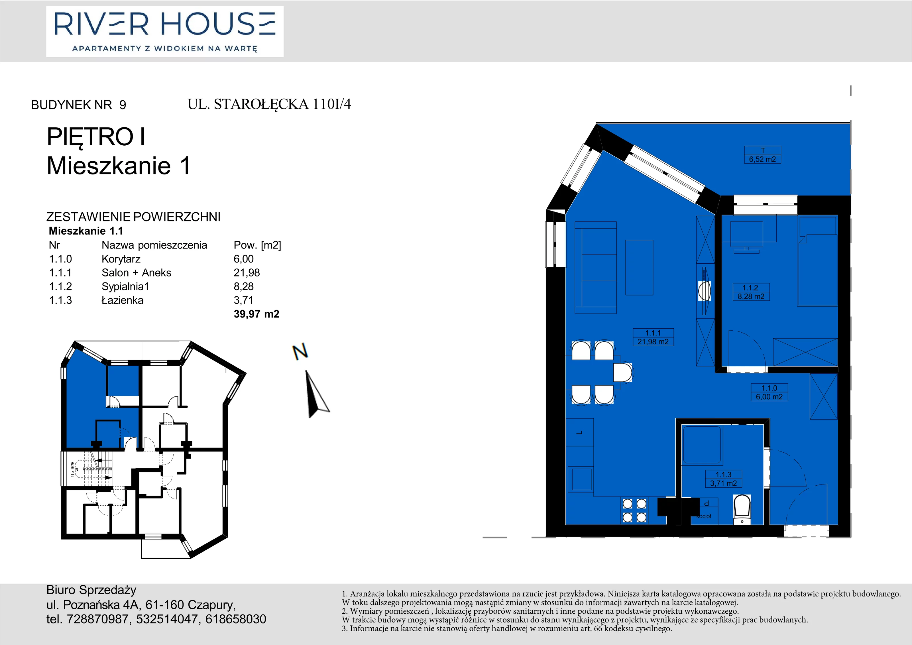 Mieszkanie 39,97 m², piętro 1, oferta nr 9-1/1., River House, Poznań, ul. Starołęcka 110