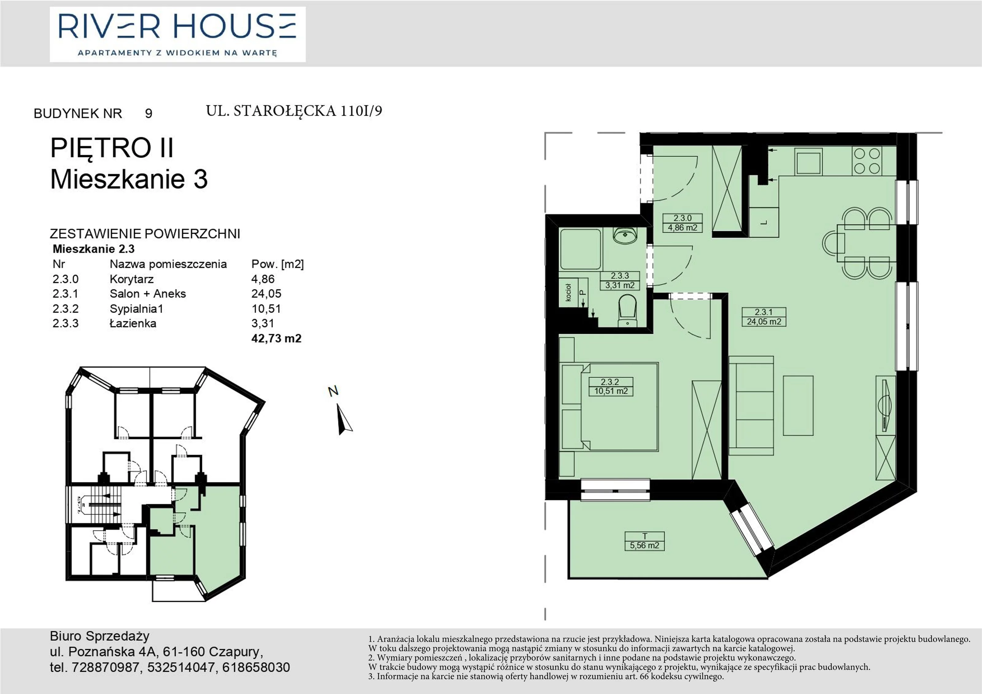 Mieszkanie 42,73 m², piętro 2, oferta nr 9-2/3., River House, Poznań, ul. Starołęcka 110