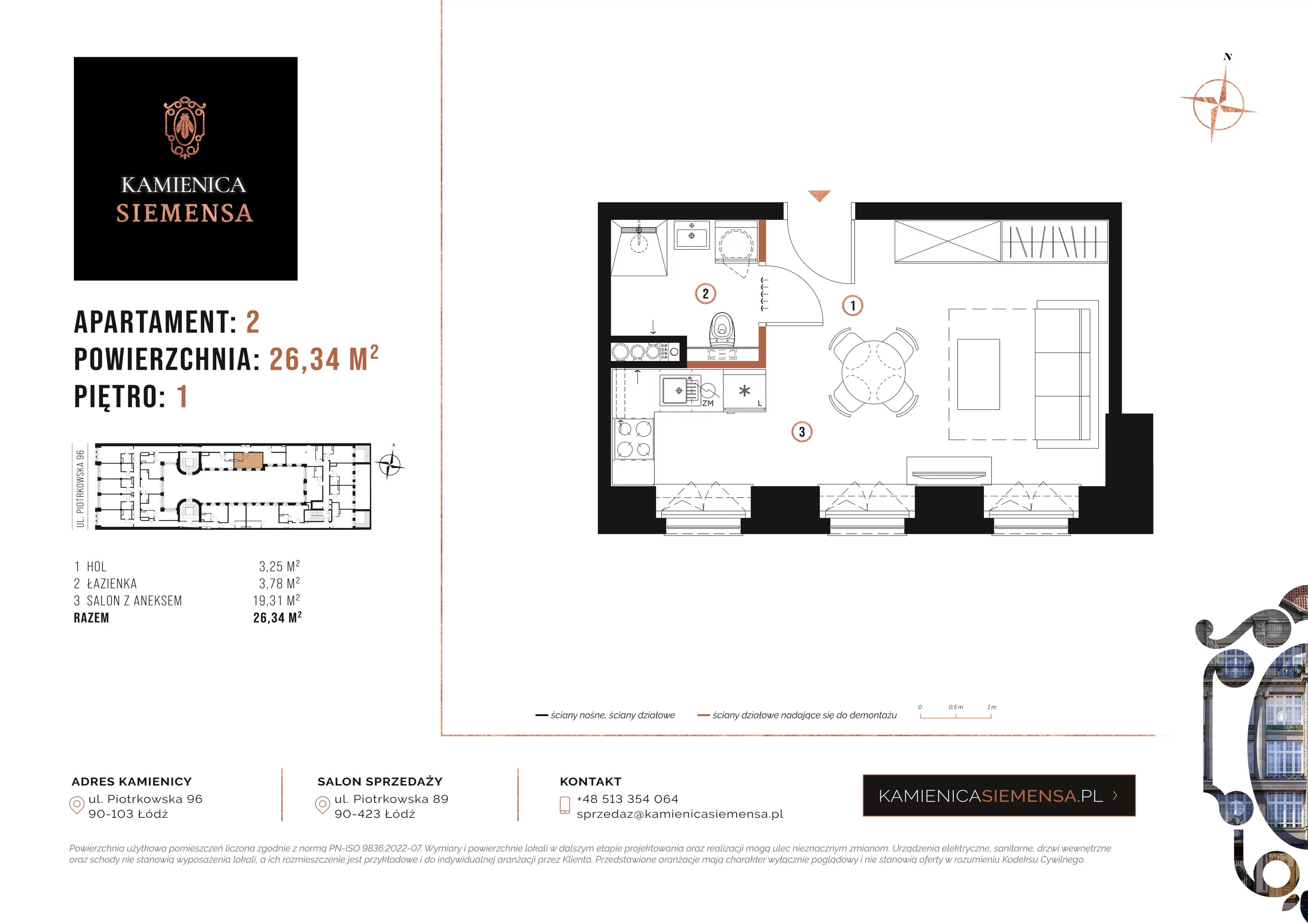 1 pokój, apartament 26,34 m², piętro 1, oferta nr 2, Kamienica Siemensa, Łódź, Śródmieście, ul. Piotrkowska 96