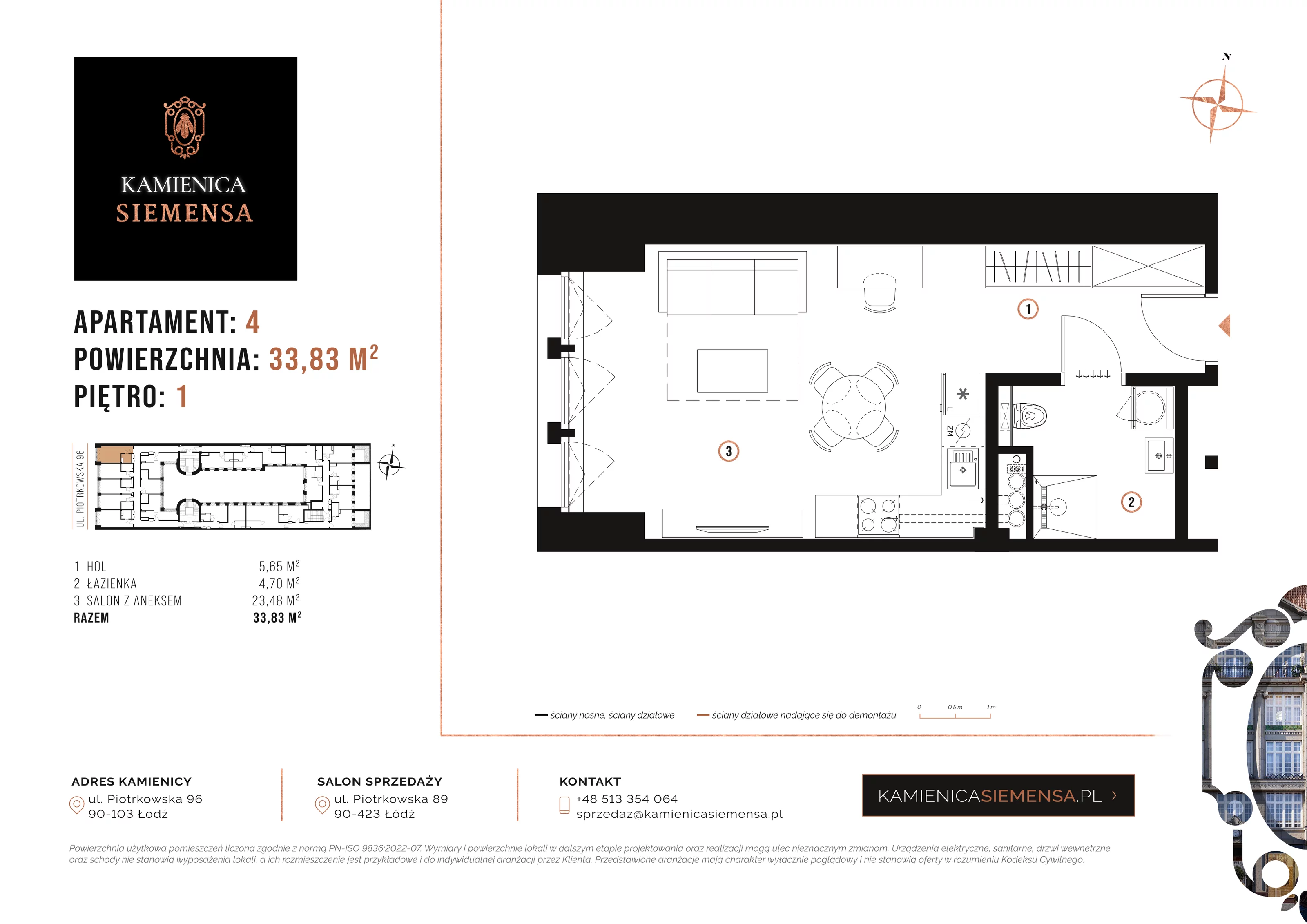1 pokój, apartament 33,83 m², piętro 1, oferta nr 4, Kamienica Siemensa, Łódź, Śródmieście, ul. Piotrkowska 96
