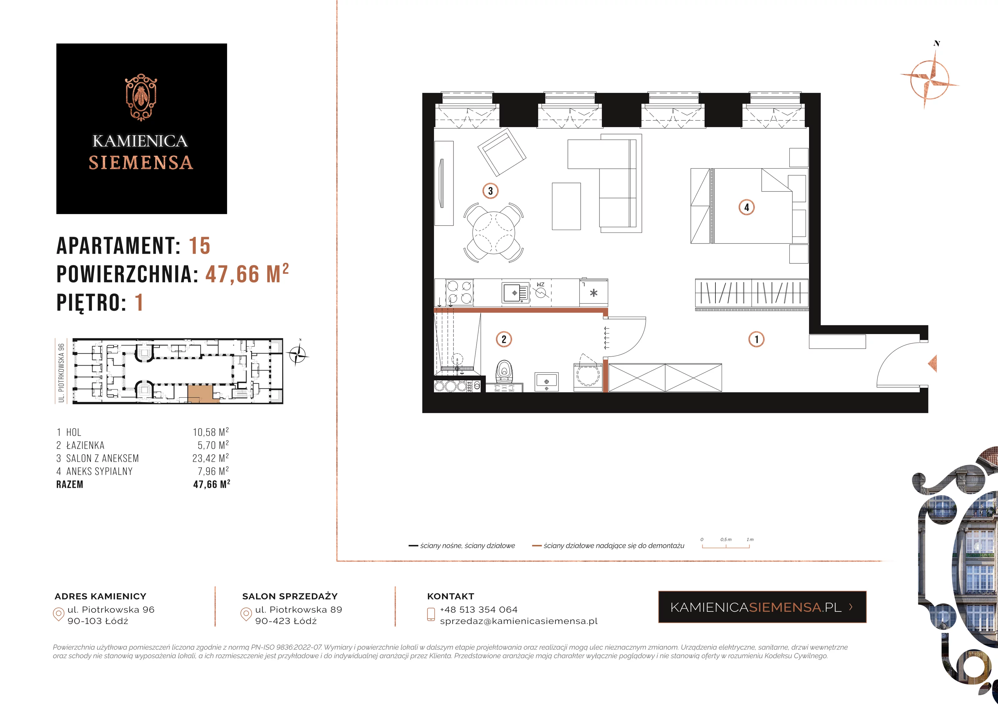2 pokoje, apartament 47,66 m², piętro 1, oferta nr 15, Kamienica Siemensa, Łódź, Śródmieście, ul. Piotrkowska 96