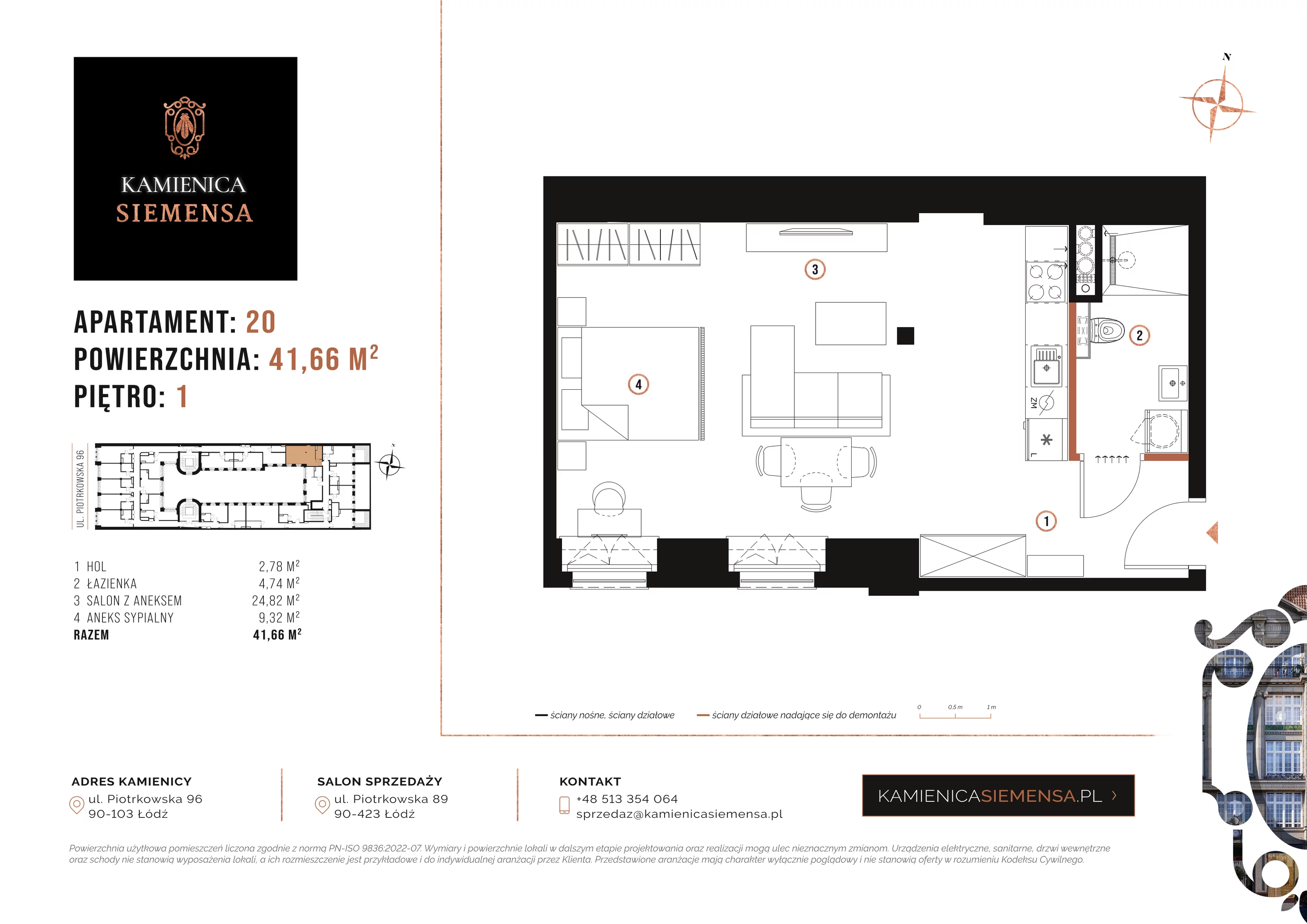 2 pokoje, apartament 41,66 m², piętro 1, oferta nr 20, Kamienica Siemensa, Łódź, Śródmieście, ul. Piotrkowska 96