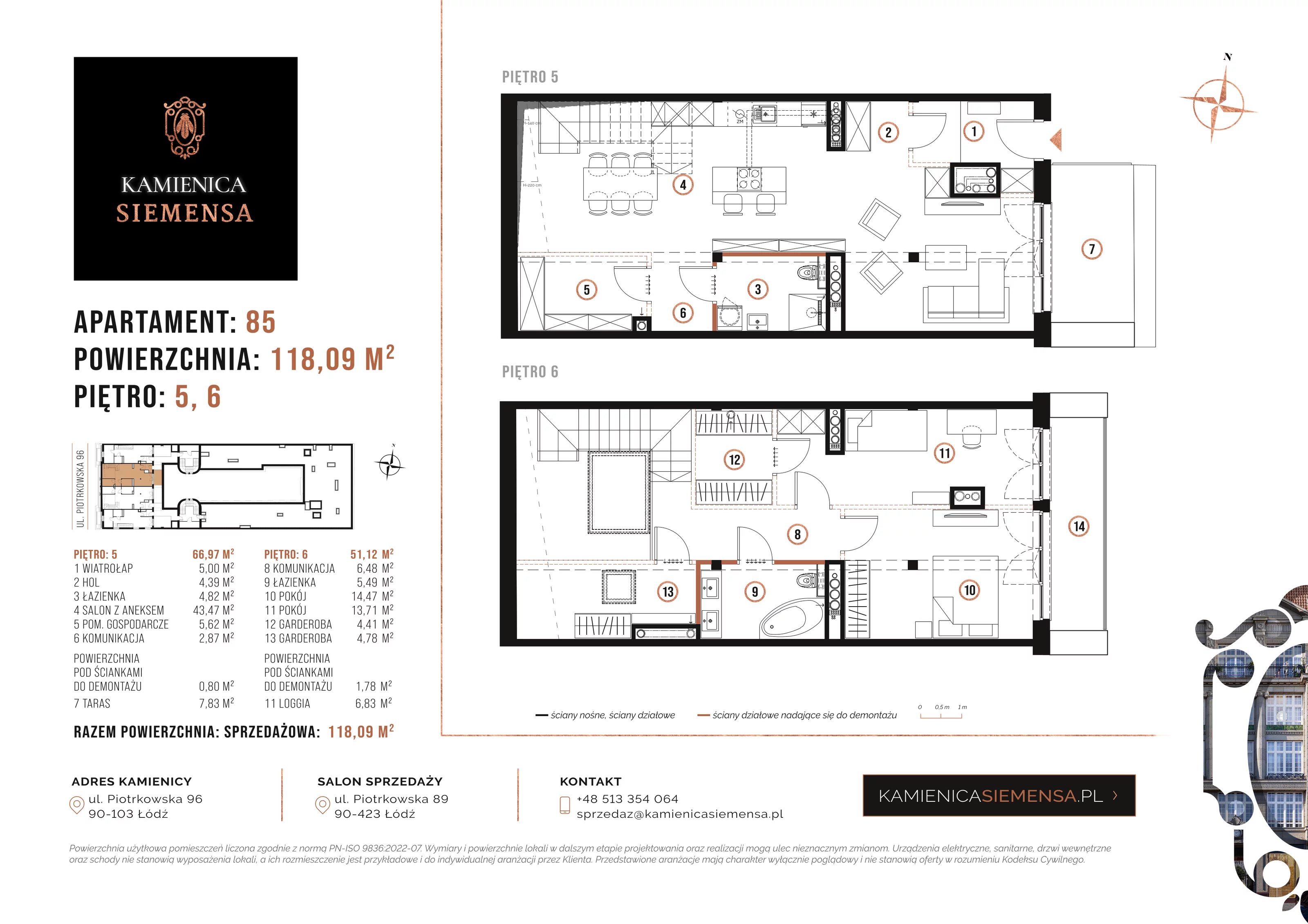 4 pokoje, apartament 118,09 m², piętro 6, oferta nr 85, Kamienica Siemensa, Łódź, Śródmieście, ul. Piotrkowska 96
