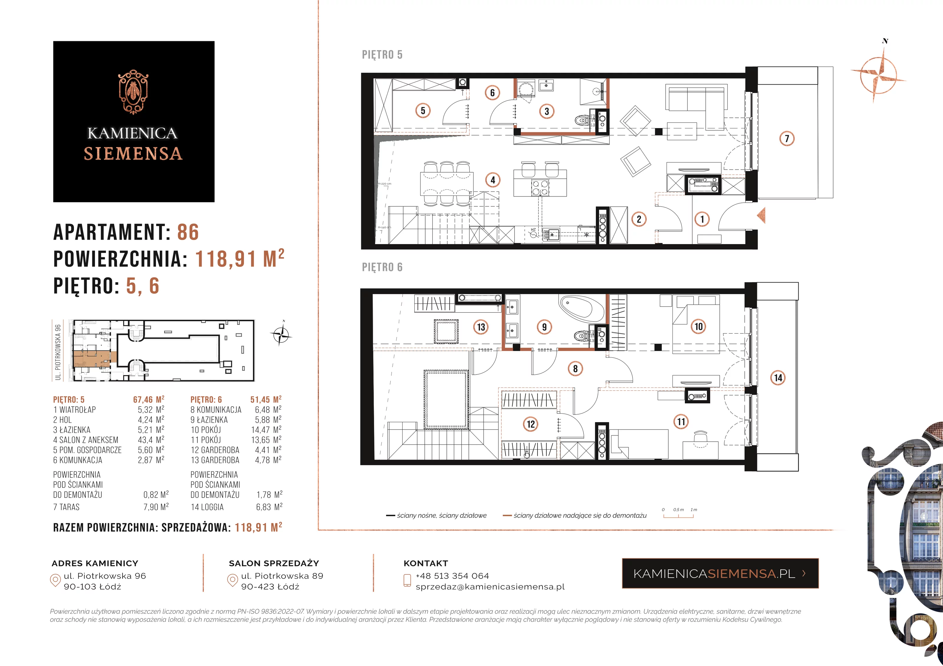 4 pokoje, apartament 118,91 m², piętro 6, oferta nr 86, Kamienica Siemensa, Łódź, Śródmieście, ul. Piotrkowska 96