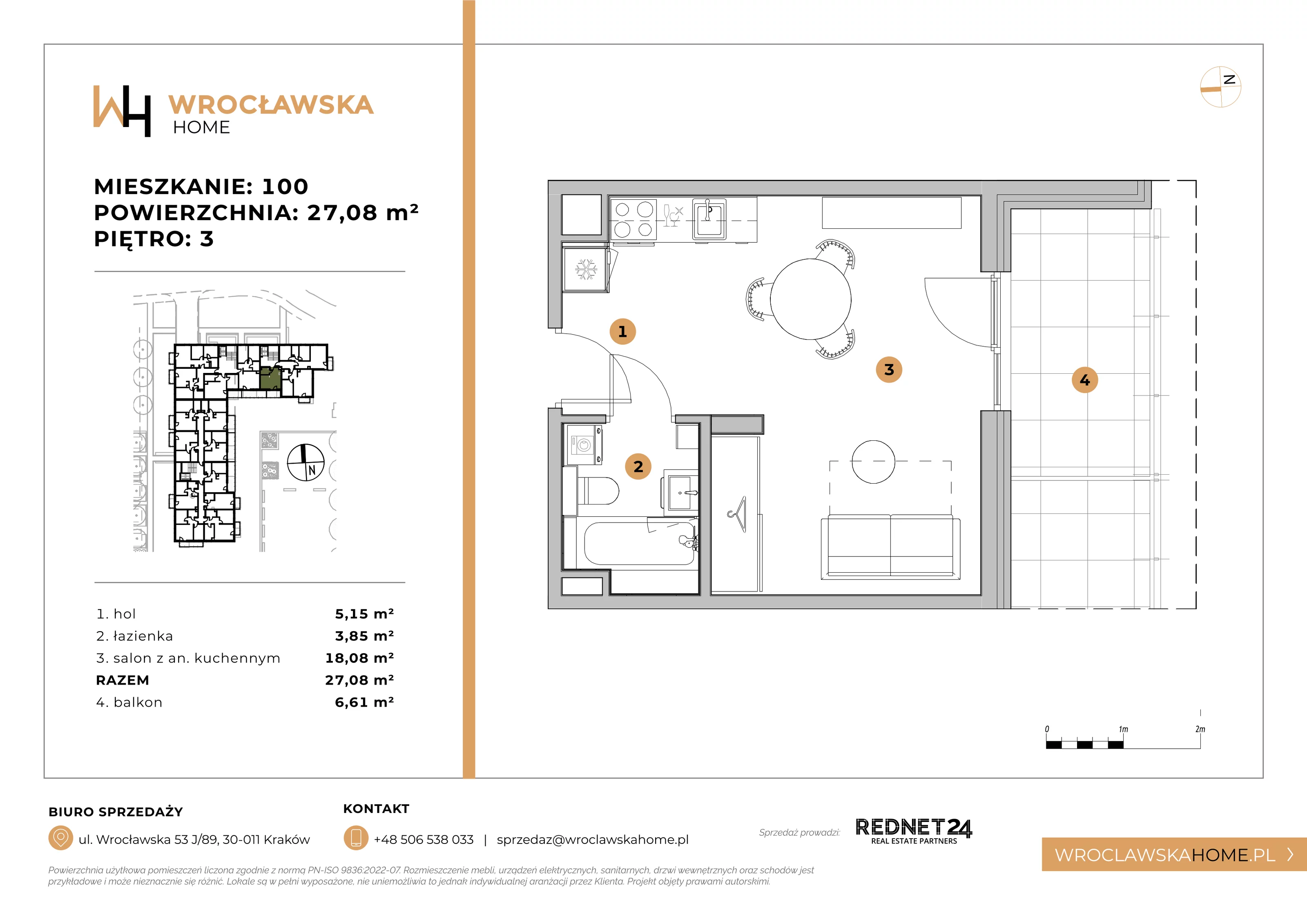 Mieszkanie 27,08 m², piętro 3, oferta nr 100, Wrocławska HOME, Kraków, Krowodrza, ul. Wrocławska 53J	