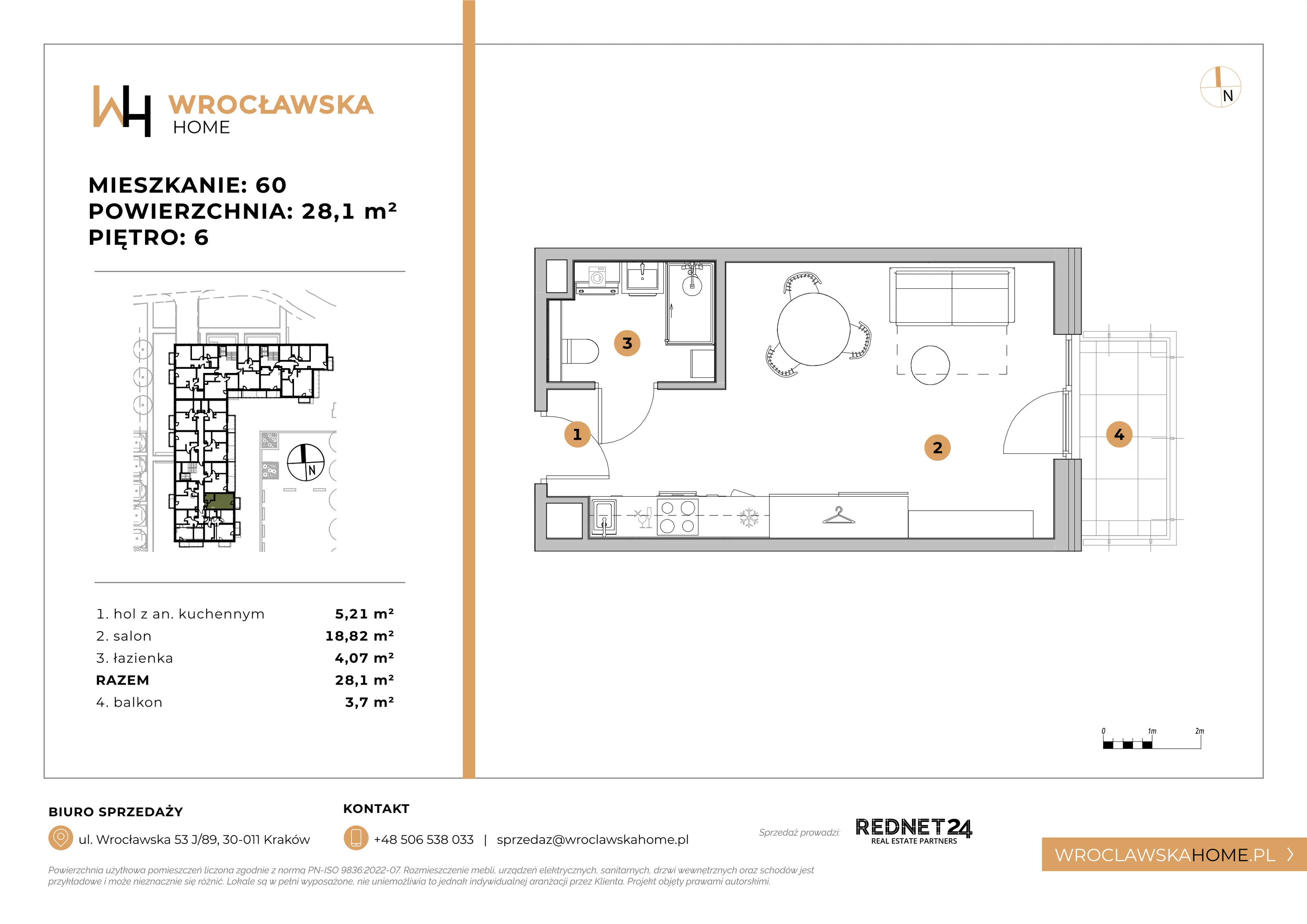 Mieszkanie 28,10 m², piętro 6, oferta nr 60, Wrocławska HOME, Kraków, Krowodrza, ul. Wrocławska 53J	