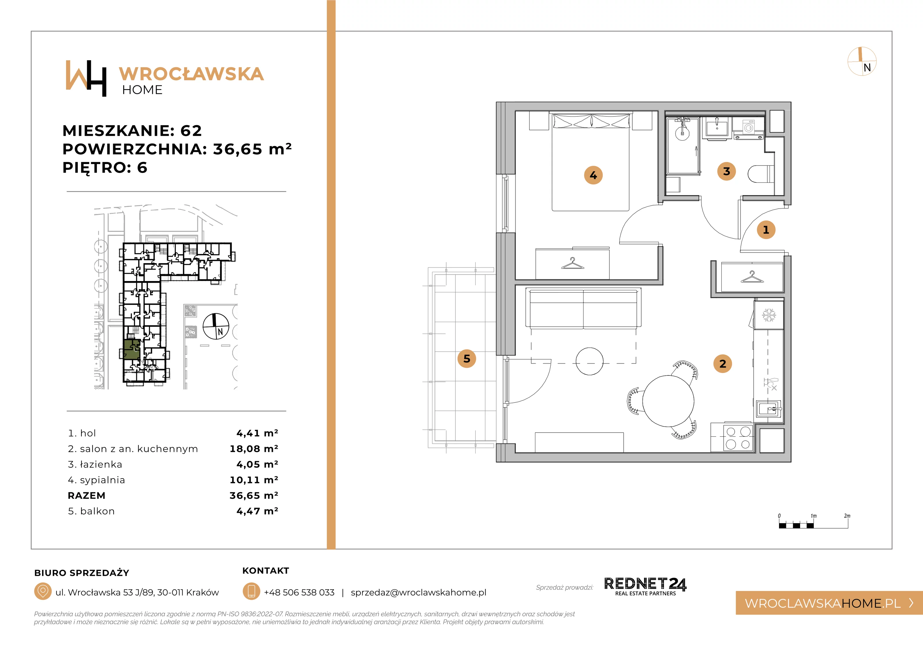 Mieszkanie 36,65 m², piętro 6, oferta nr 62, Wrocławska HOME, Kraków, Krowodrza, ul. Wrocławska 53J	