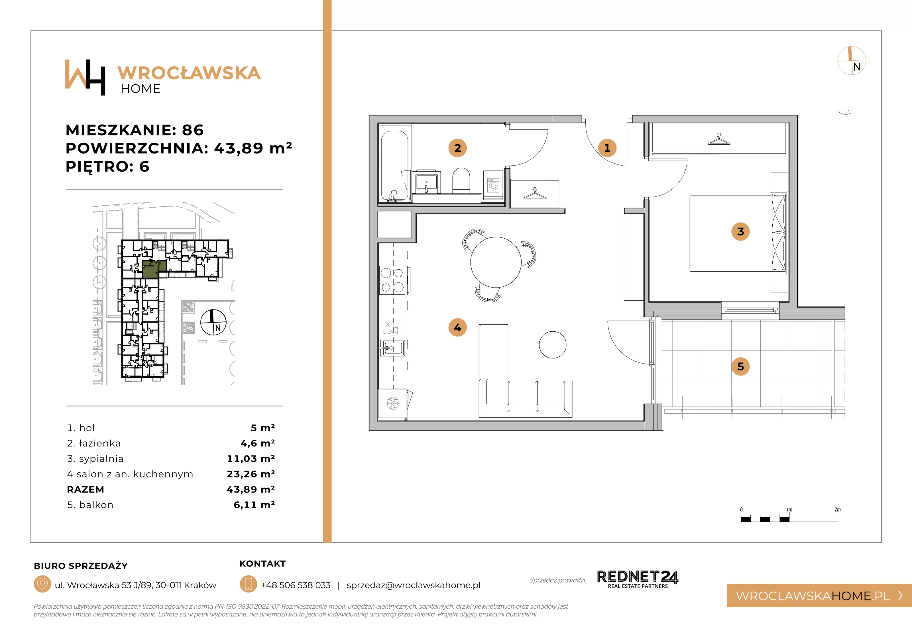 Mieszkanie 43,89 m², piętro 6, oferta nr 86, Wrocławska HOME, Kraków, Krowodrza, ul. Wrocławska 53J	