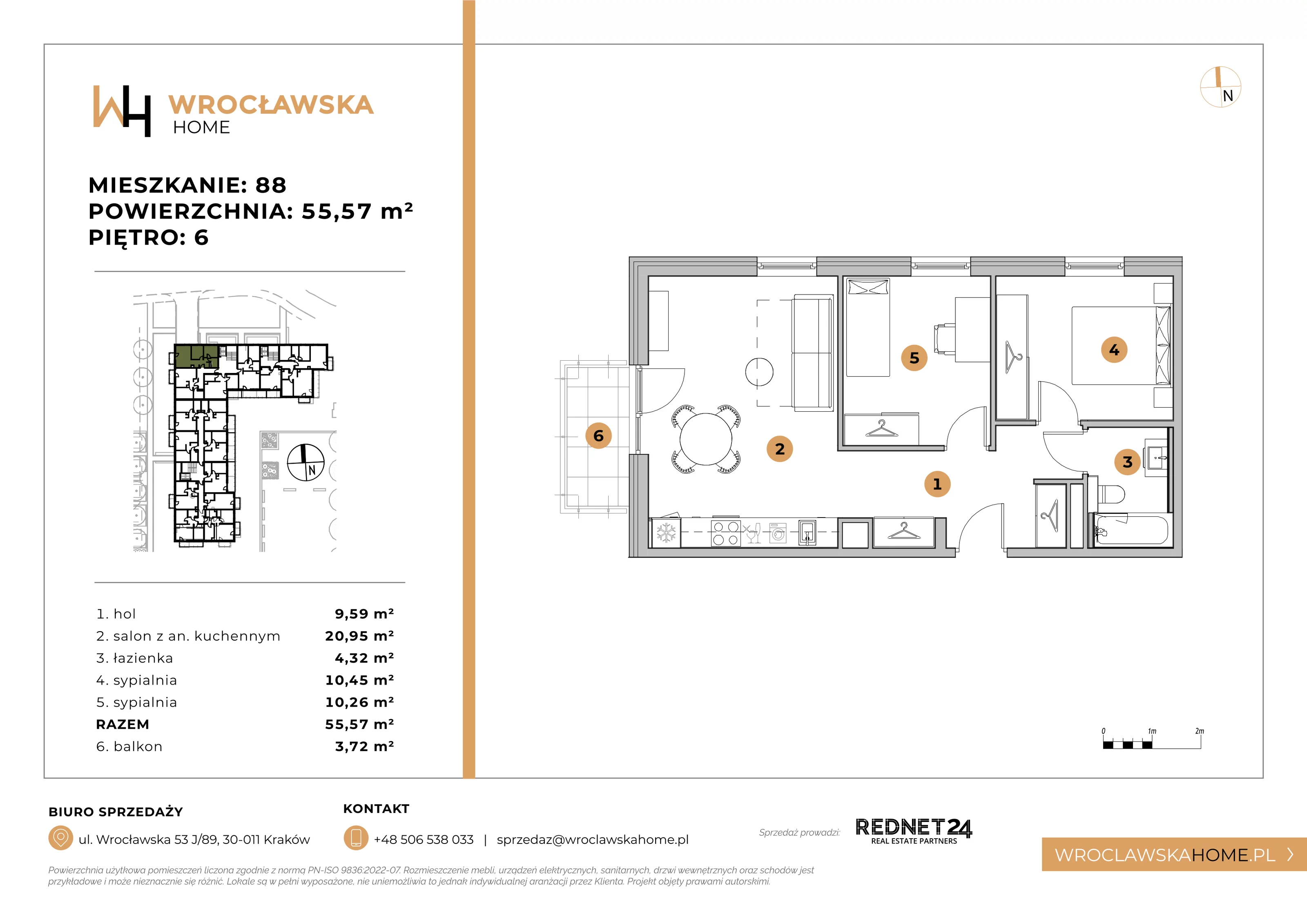 Mieszkanie 55,57 m², piętro 6, oferta nr 88, Wrocławska HOME, Kraków, Krowodrza, ul. Wrocławska 53J	