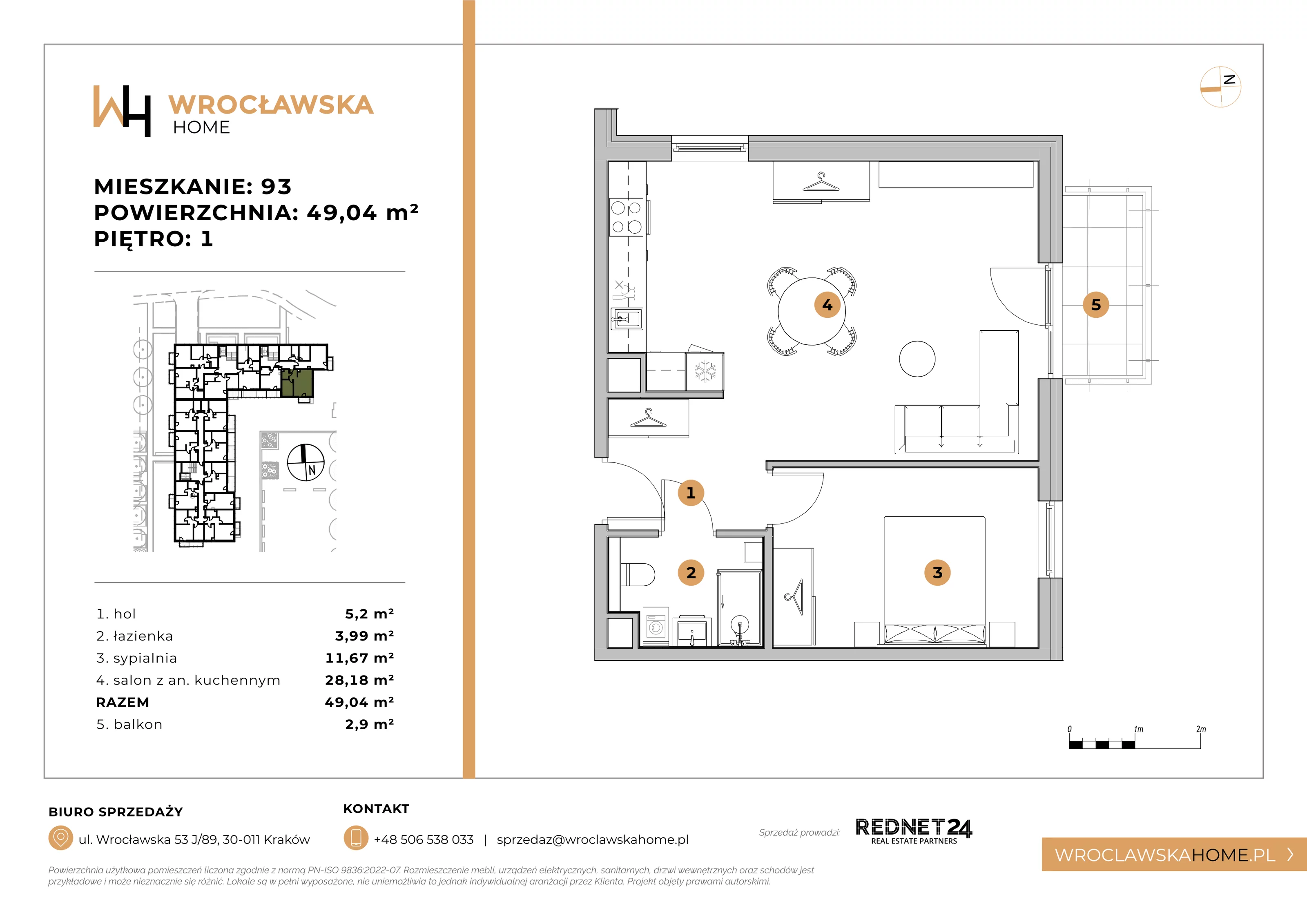 Mieszkanie 49,04 m², piętro 1, oferta nr 93, Wrocławska HOME, Kraków, Krowodrza, ul. Wrocławska 53J	