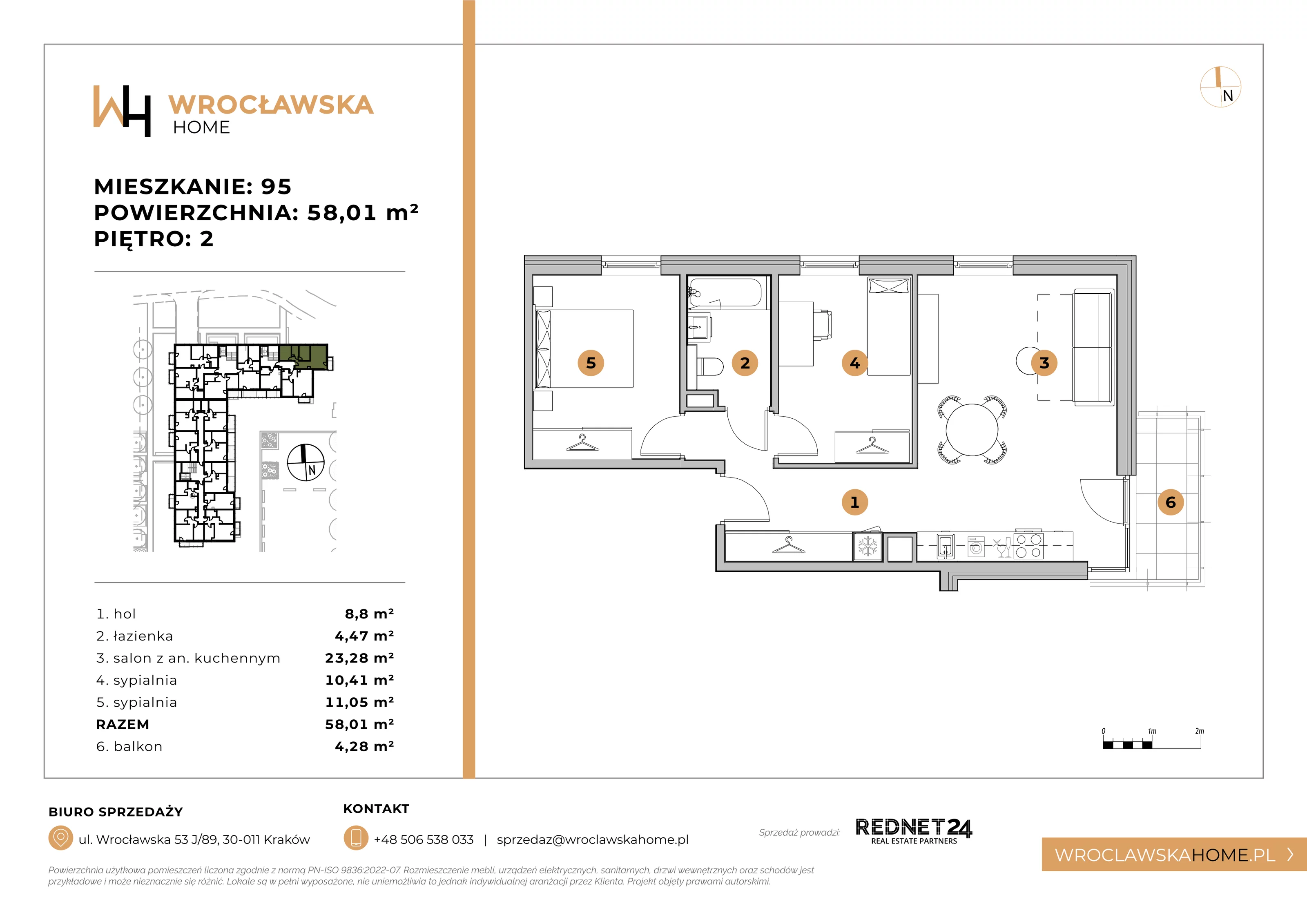 Mieszkanie 58,01 m², piętro 2, oferta nr 95, Wrocławska HOME, Kraków, Krowodrza, ul. Wrocławska 53J	