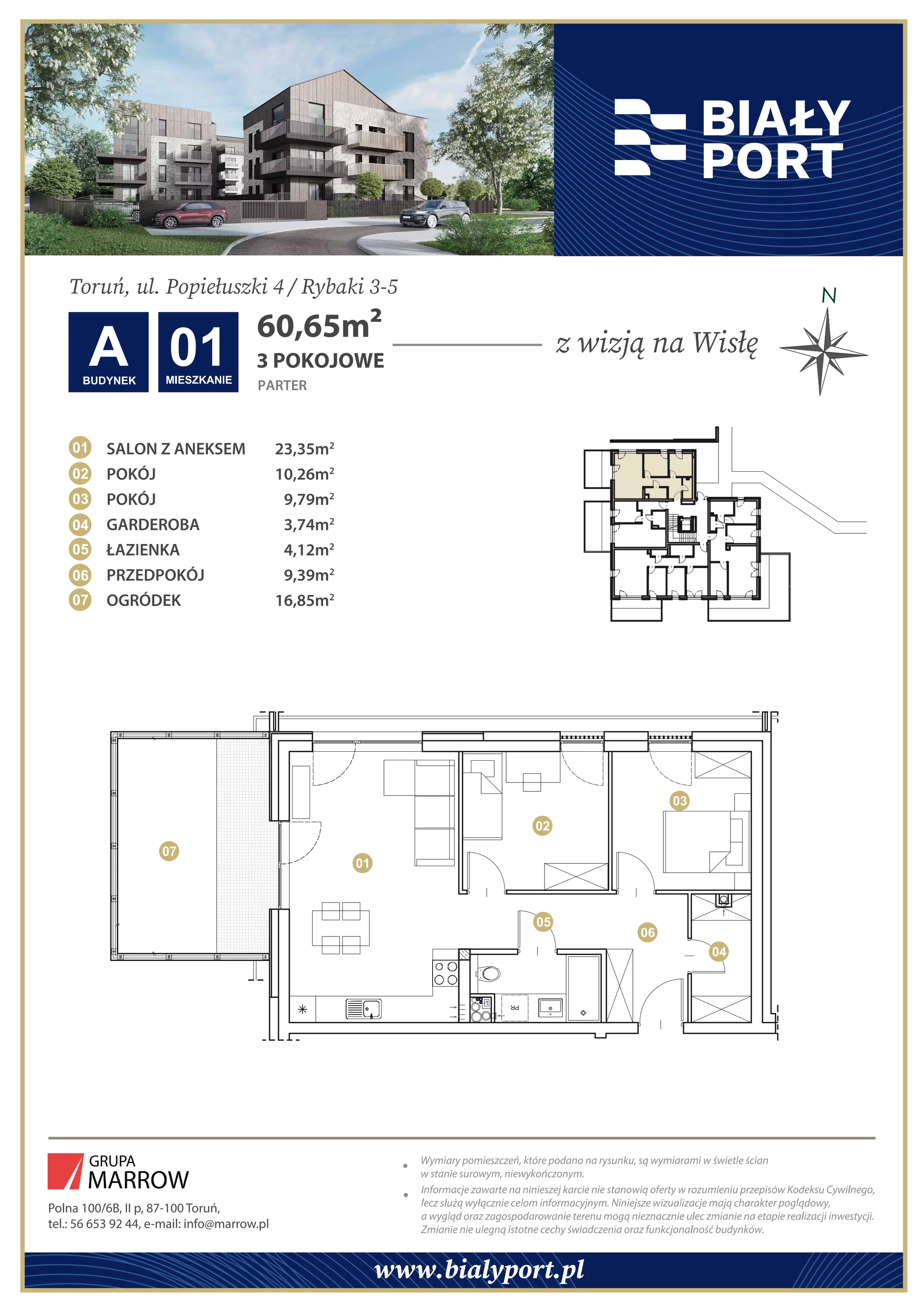 Mieszkanie 60,65 m², parter, oferta nr 1, Biały Port, Toruń, Rybaki, ul. Popiełuszki 4