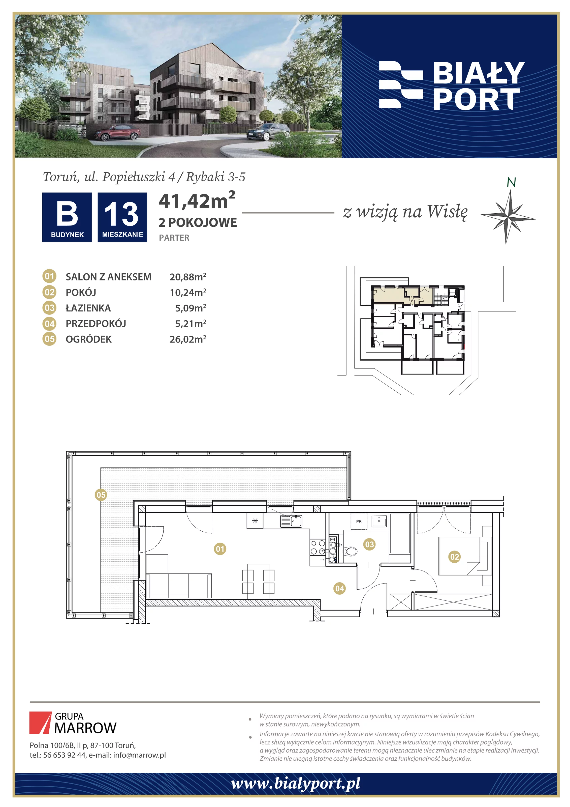 Mieszkanie 41,42 m², parter, oferta nr 13, Biały Port, Toruń, Rybaki, ul. Popiełuszki 4