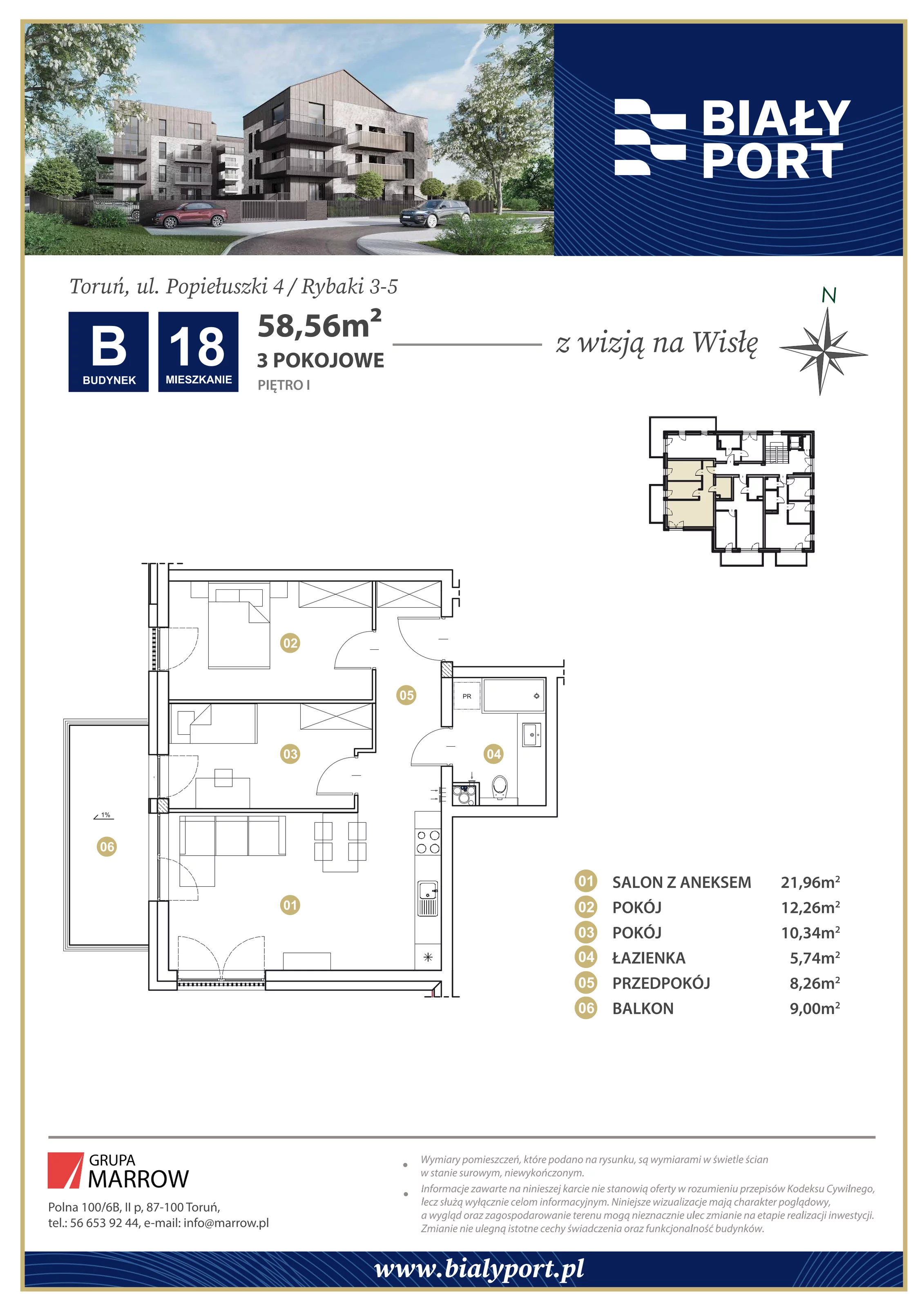 Mieszkanie 58,56 m², piętro 1, oferta nr 18, Biały Port, Toruń, Rybaki, ul. Popiełuszki 4