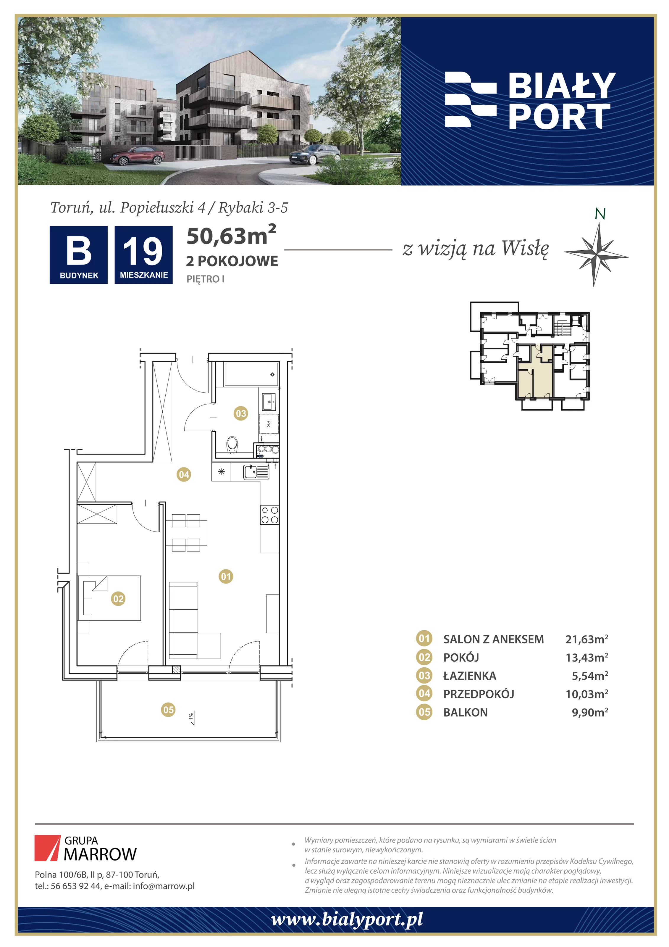 Mieszkanie 50,63 m², piętro 1, oferta nr 19, Biały Port, Toruń, Rybaki, ul. Popiełuszki 4