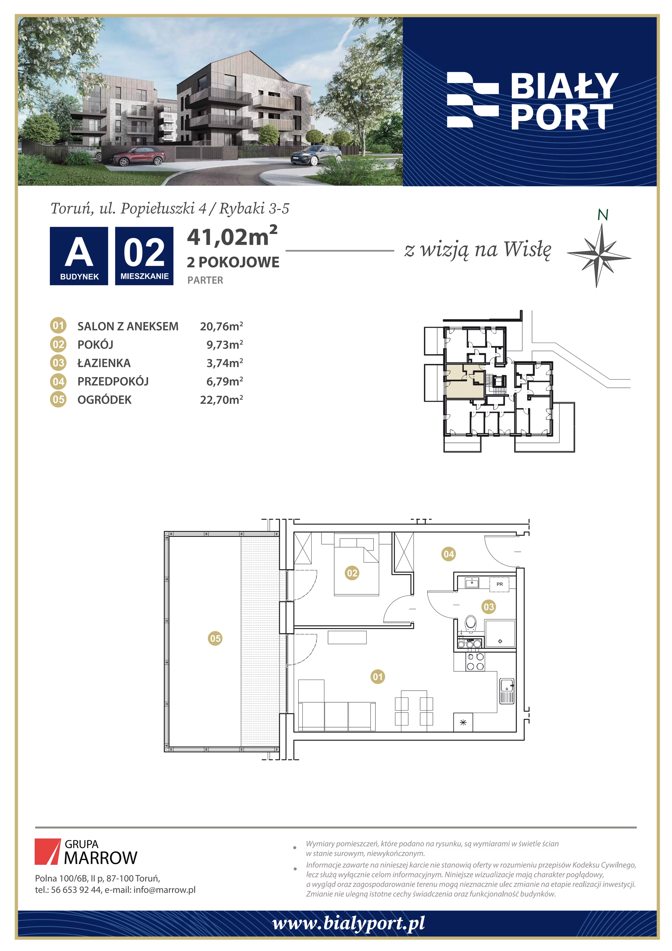 Mieszkanie 41,02 m², parter, oferta nr 2, Biały Port, Toruń, Rybaki, ul. Popiełuszki 4