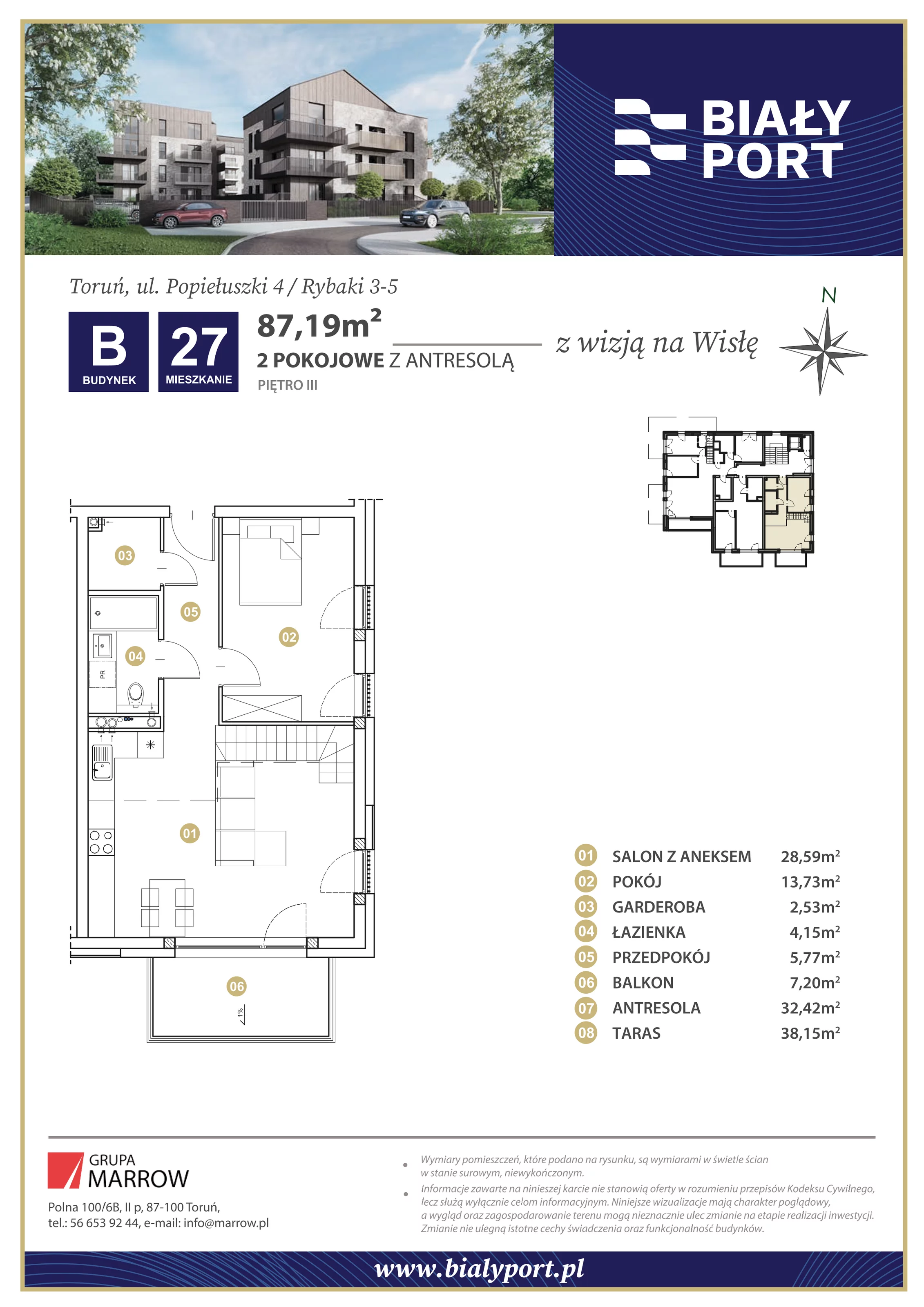 Mieszkanie 87,19 m², piętro 3, oferta nr 27, Biały Port, Toruń, Rybaki, ul. Popiełuszki 4