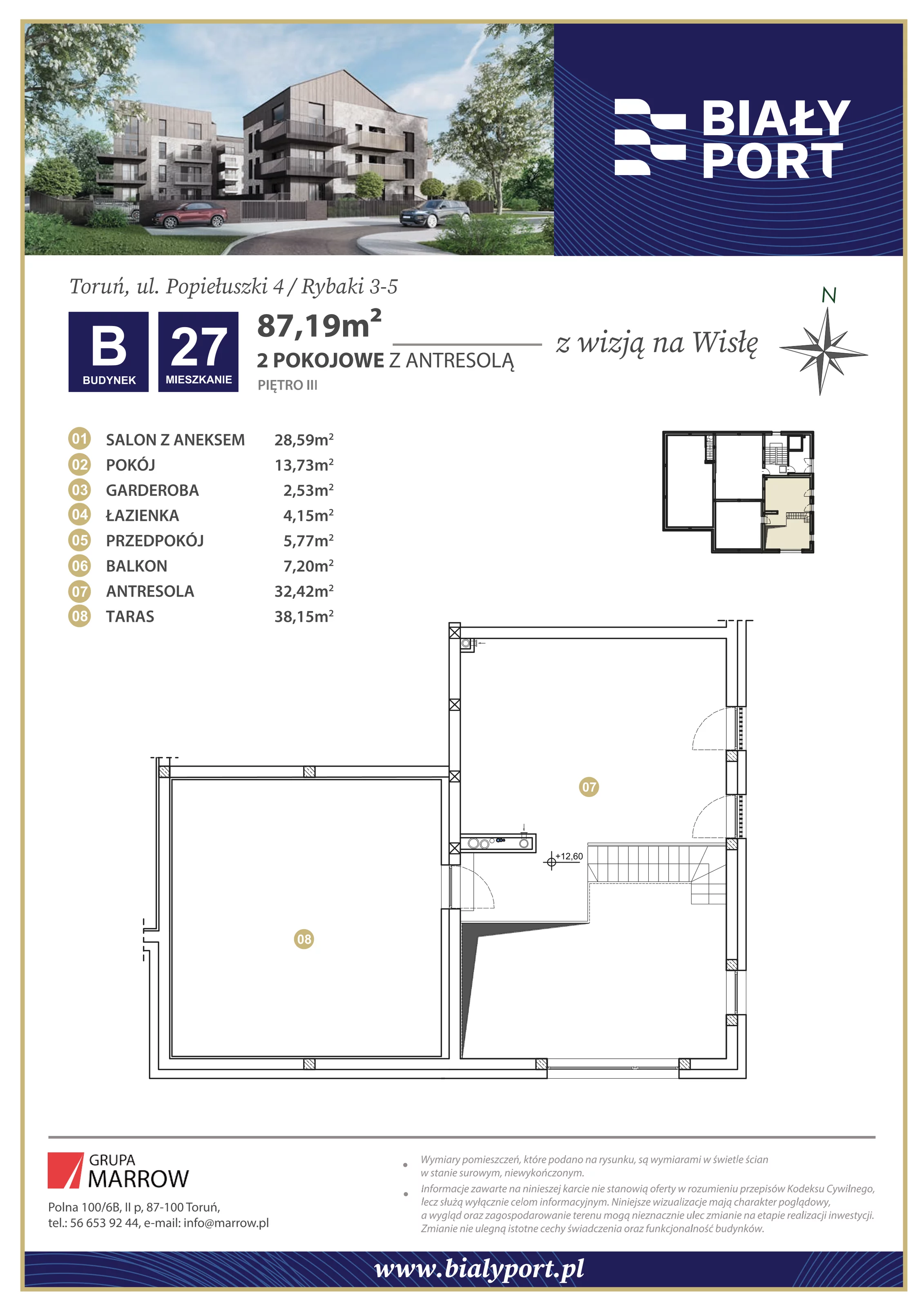 Mieszkanie 87,19 m², piętro 3, oferta nr 27, Biały Port, Toruń, Rybaki, ul. Popiełuszki 4