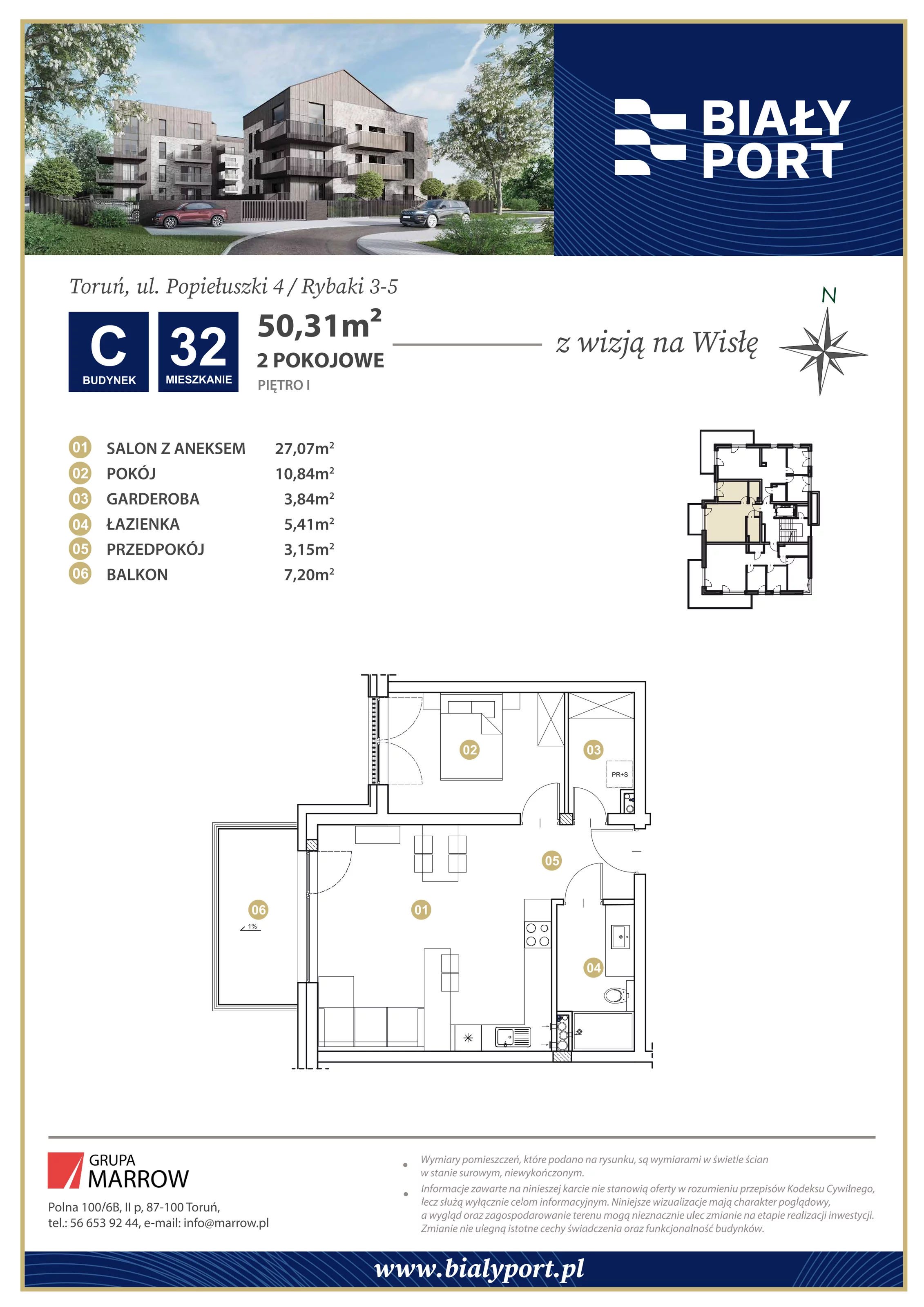 Mieszkanie 50,31 m², piętro 1, oferta nr 32, Biały Port, Toruń, Rybaki, ul. Popiełuszki 4