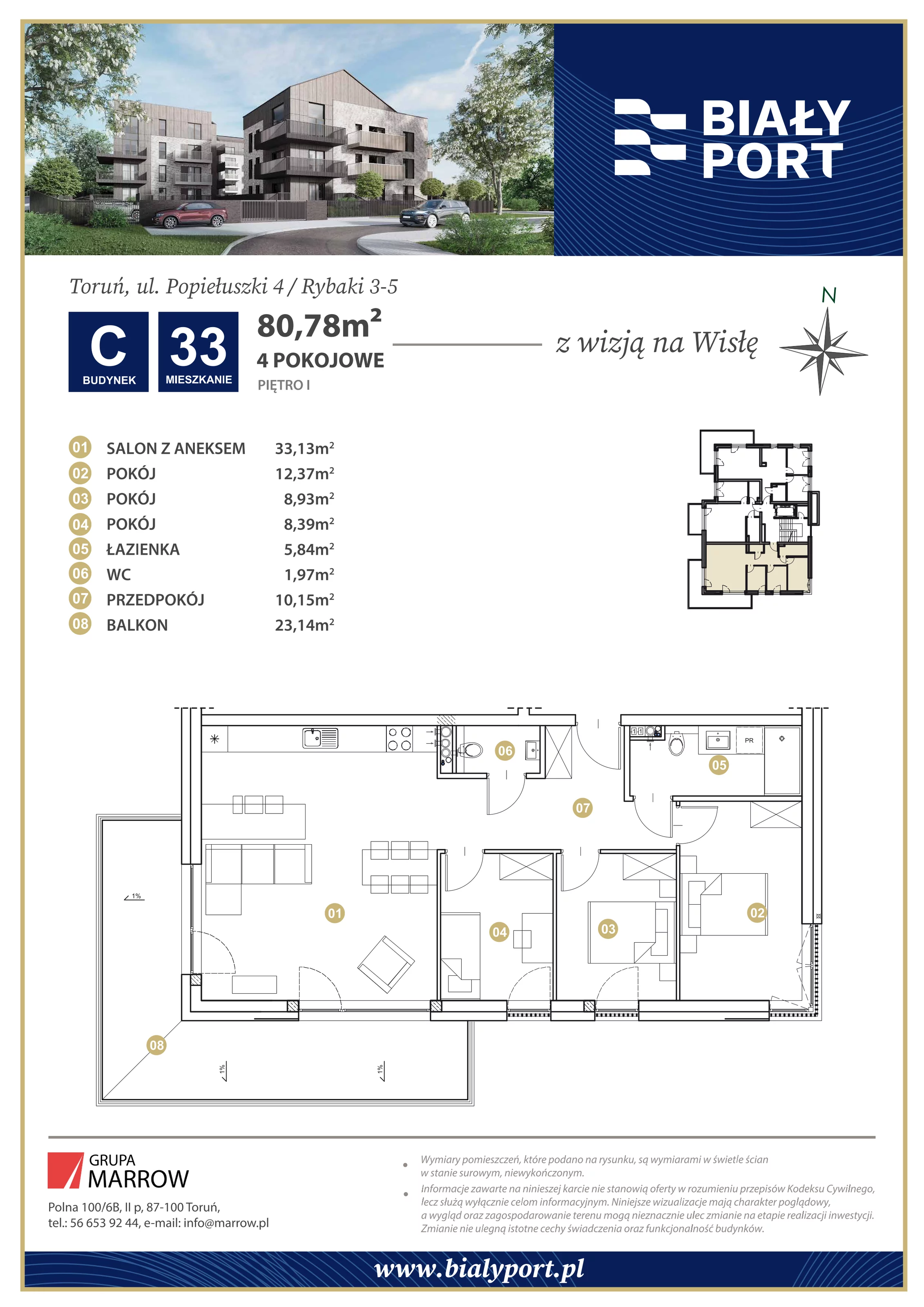 Mieszkanie 80,78 m², piętro 1, oferta nr 33, Biały Port, Toruń, Rybaki, ul. Popiełuszki 4