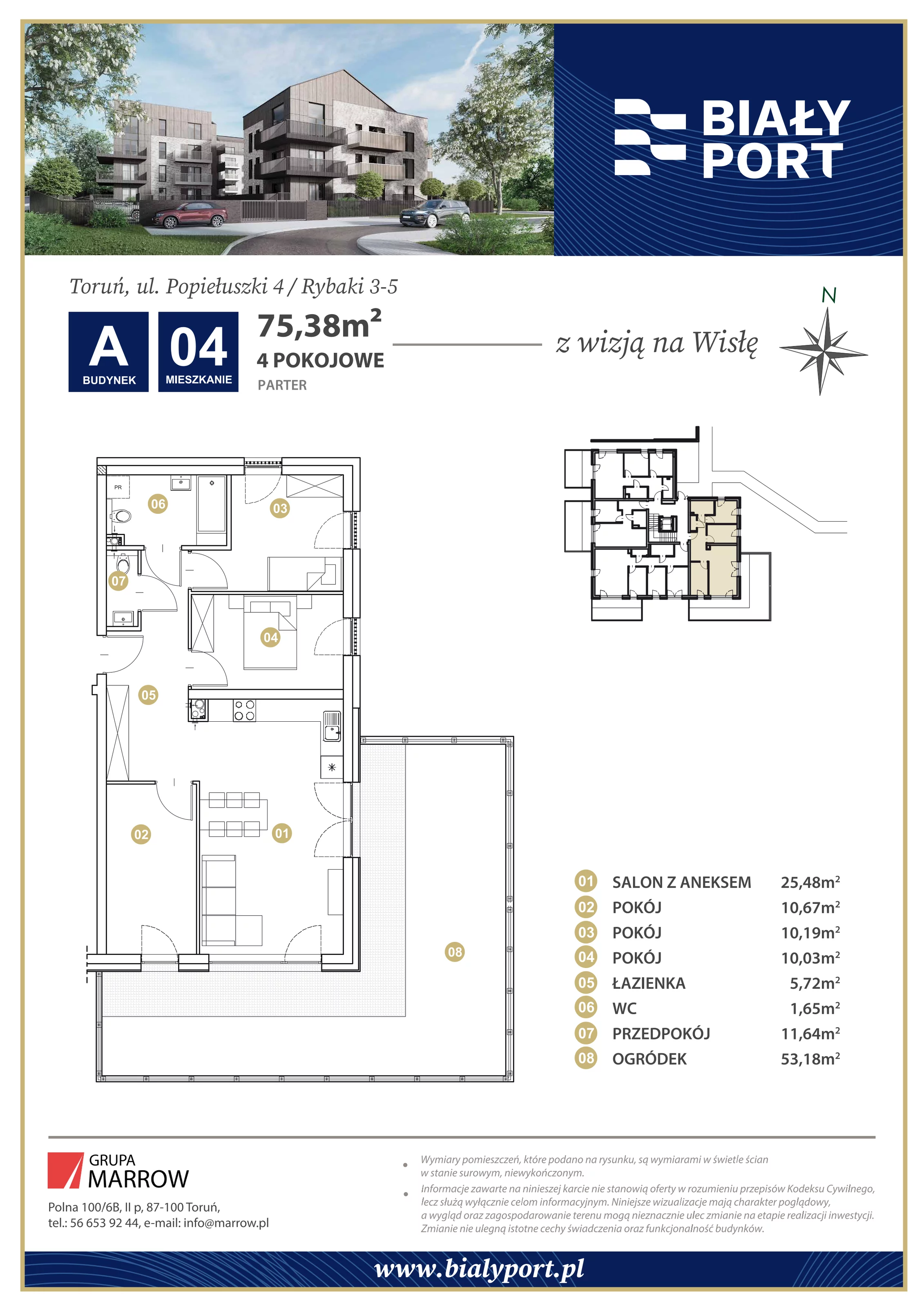 Mieszkanie 75,38 m², parter, oferta nr 4, Biały Port, Toruń, Rybaki, ul. Popiełuszki 4