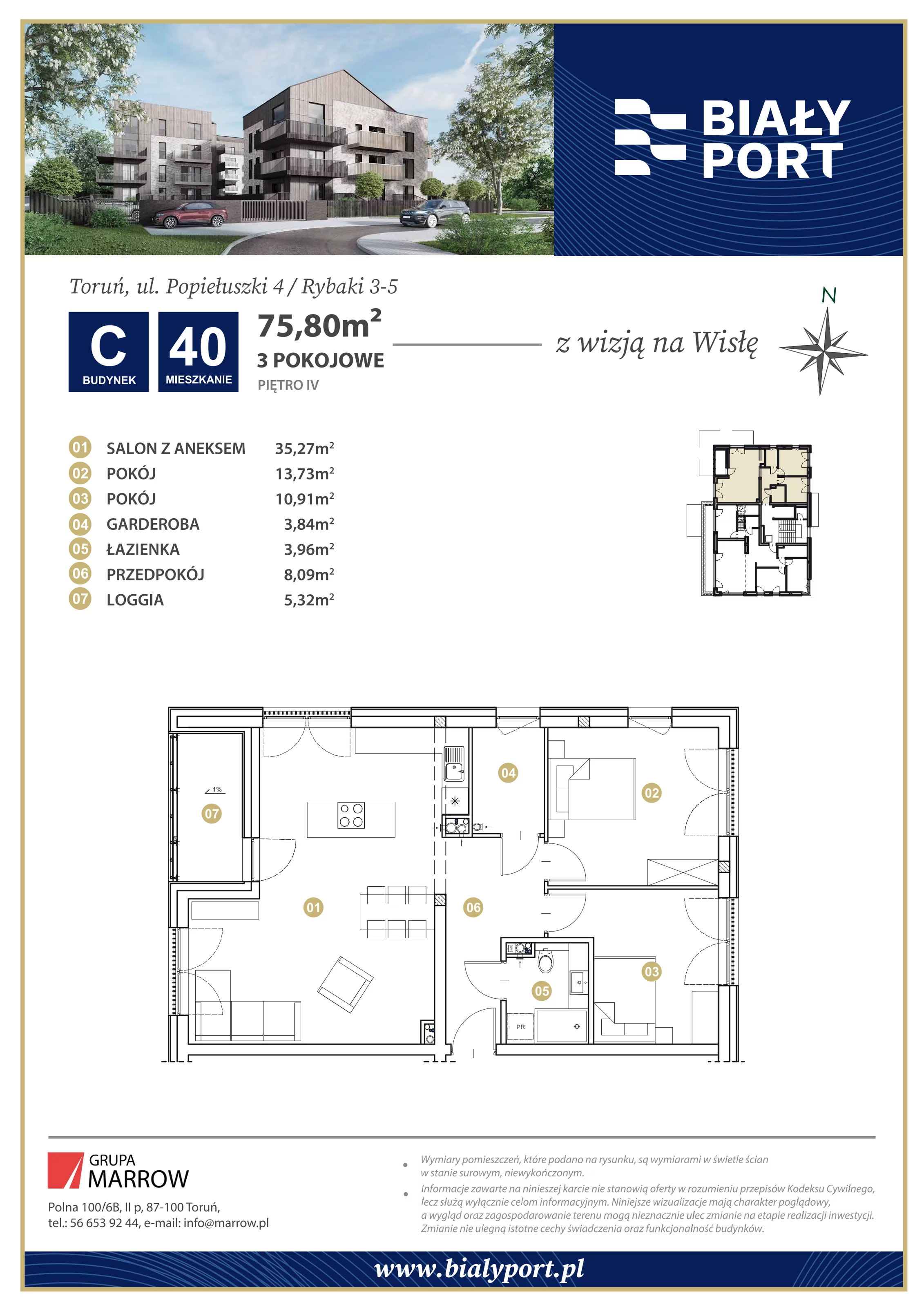 Mieszkanie 75,80 m², piętro 4, oferta nr 40, Biały Port, Toruń, Rybaki, ul. Popiełuszki 4