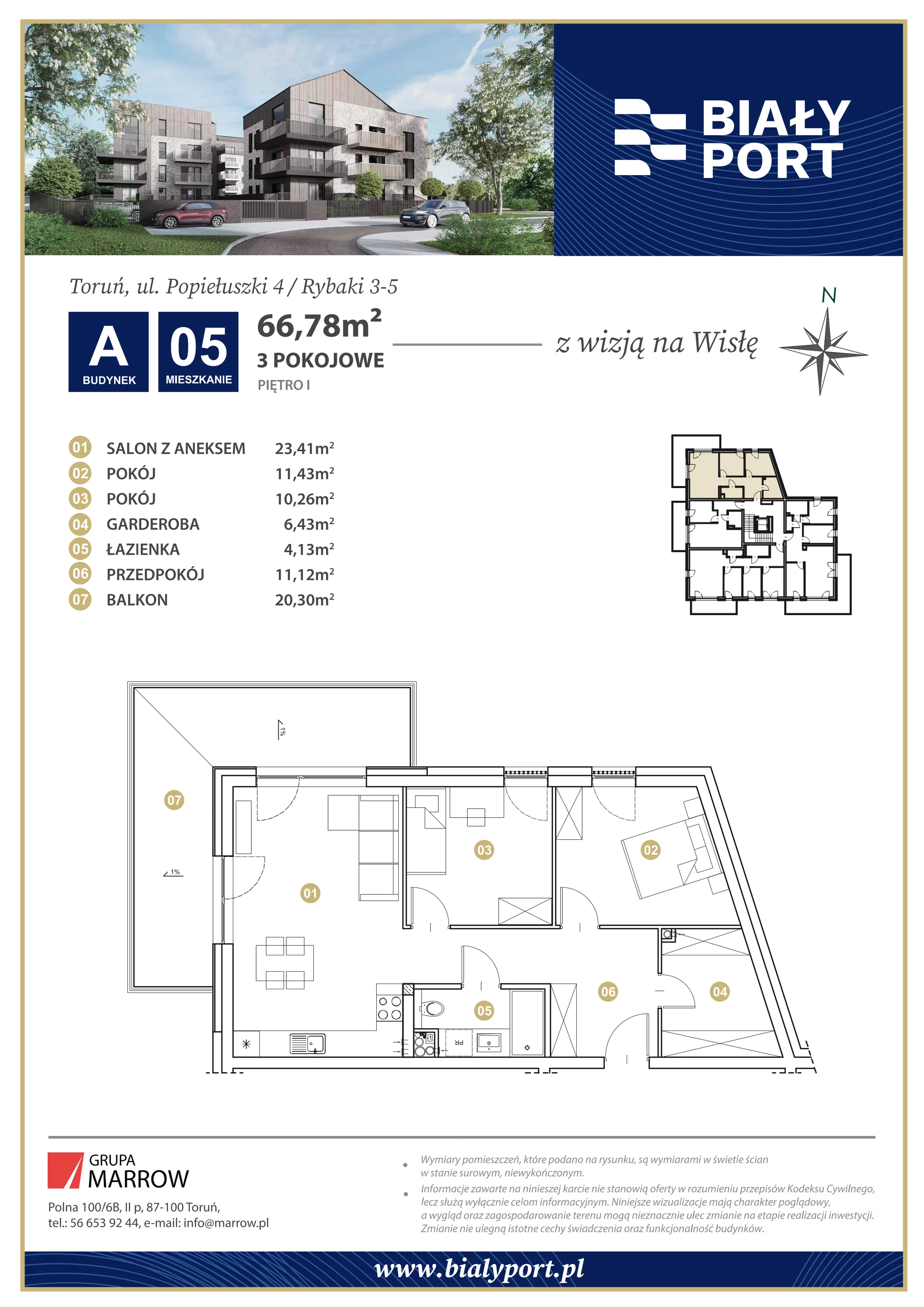 Mieszkanie 66,78 m², piętro 1, oferta nr 5, Biały Port, Toruń, Rybaki, ul. Popiełuszki 4