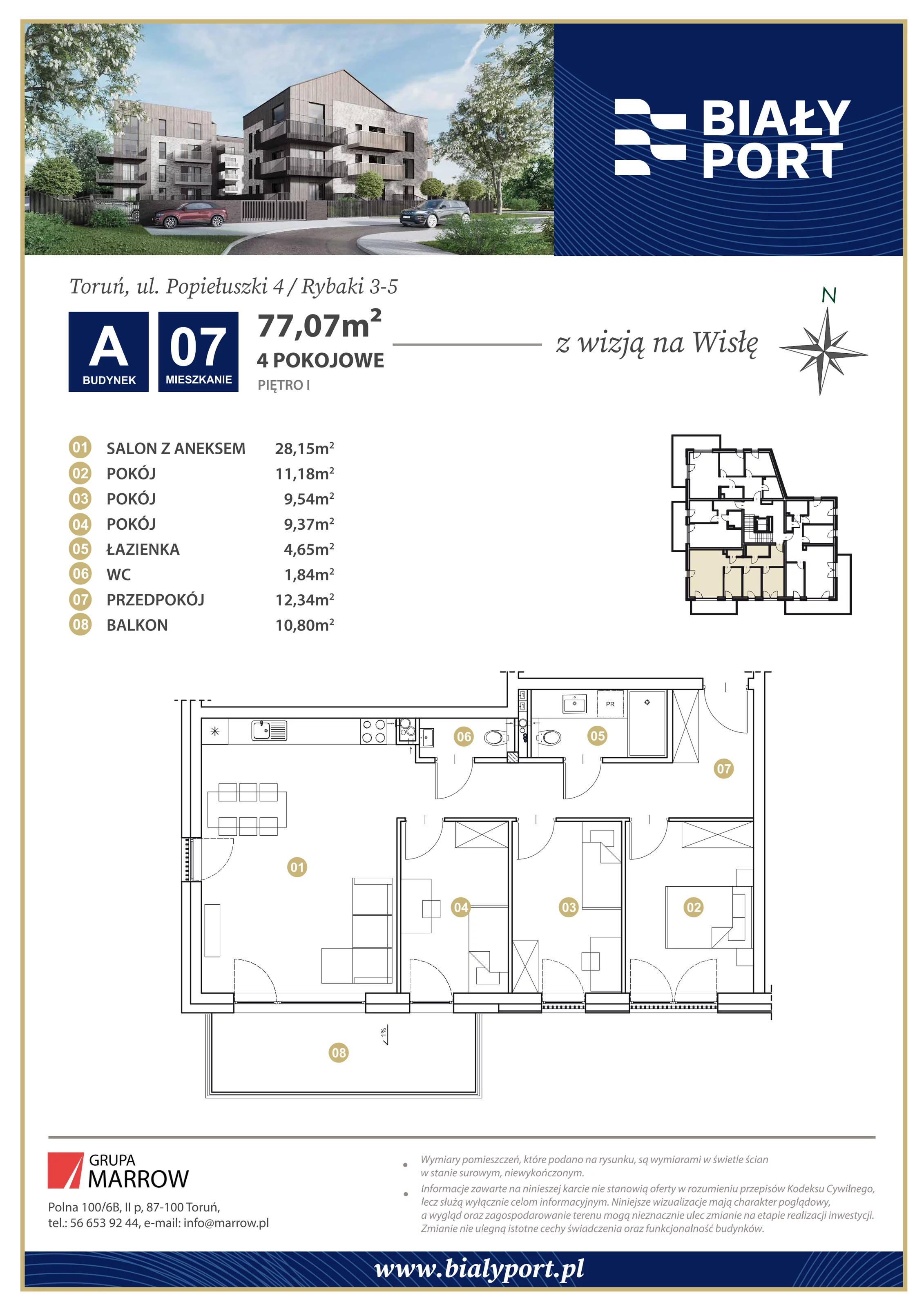 Mieszkanie 77,07 m², piętro 1, oferta nr 7, Biały Port, Toruń, Rybaki, ul. Popiełuszki 4