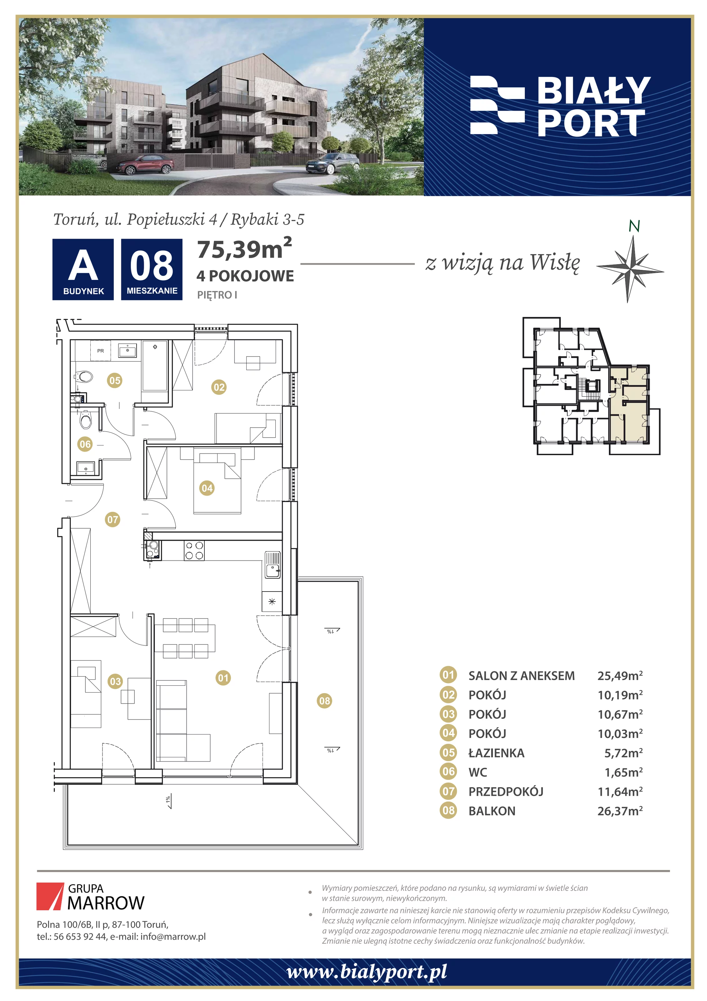 Mieszkanie 75,39 m², piętro 1, oferta nr 8, Biały Port, Toruń, Rybaki, ul. Popiełuszki 4