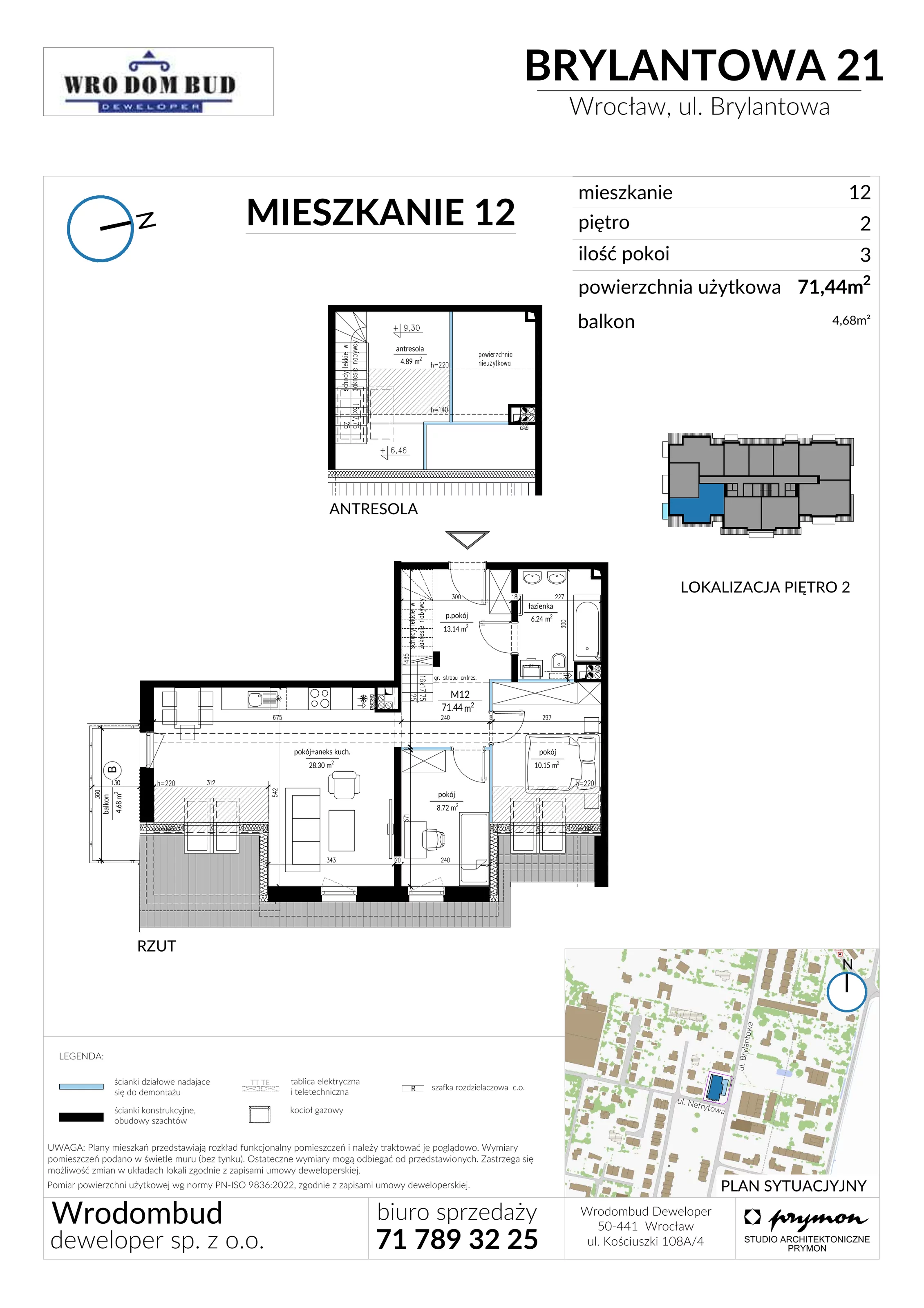 Mieszkanie 71,51 m², piętro 2, oferta nr M12, Brylantowa 21, Wrocław, Ołtaszyn, Krzyki, ul. Brylantowa 21