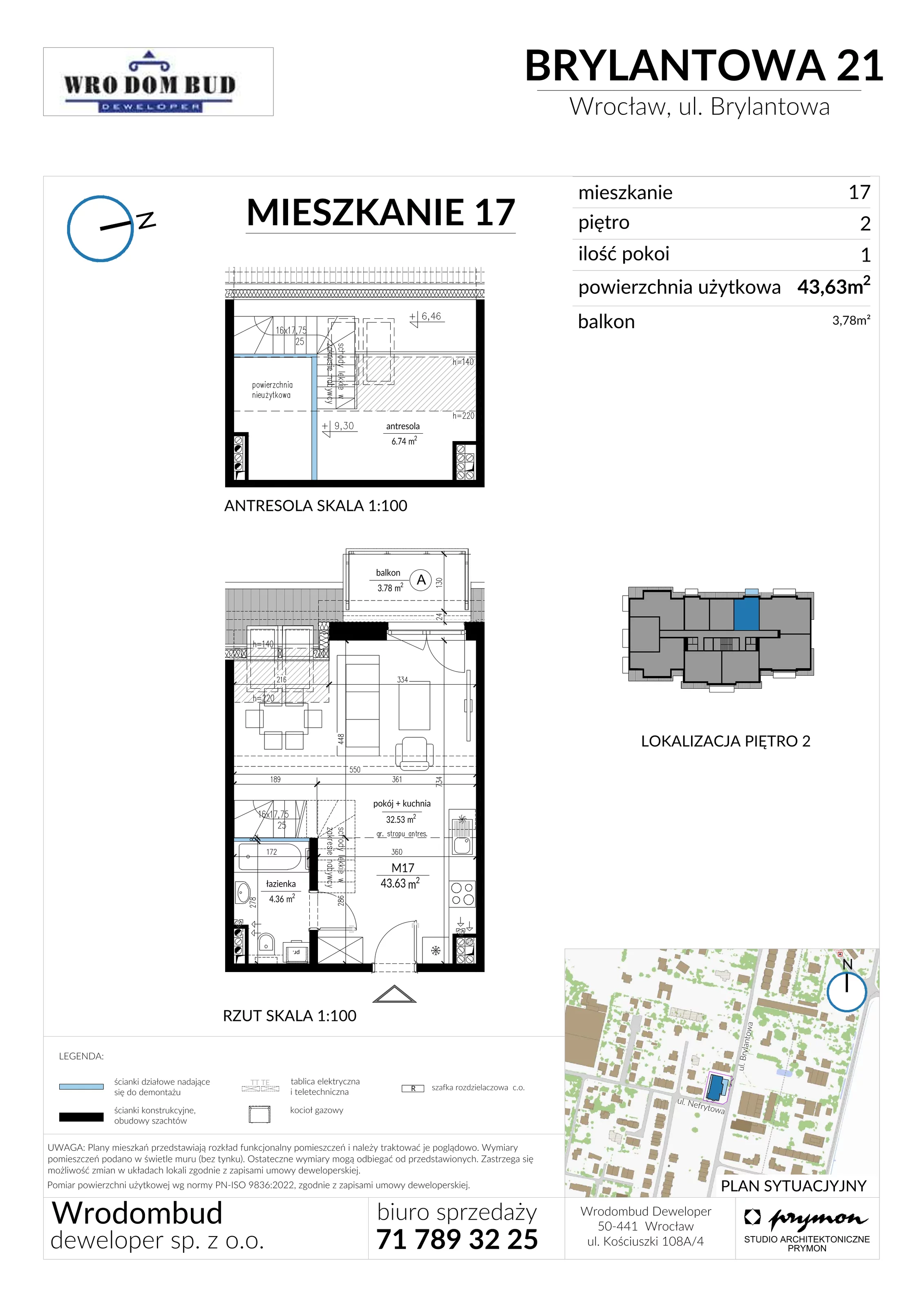 Mieszkanie 43,63 m², piętro 2, oferta nr M17, Brylantowa 21, Wrocław, Ołtaszyn, Krzyki, ul. Brylantowa 21