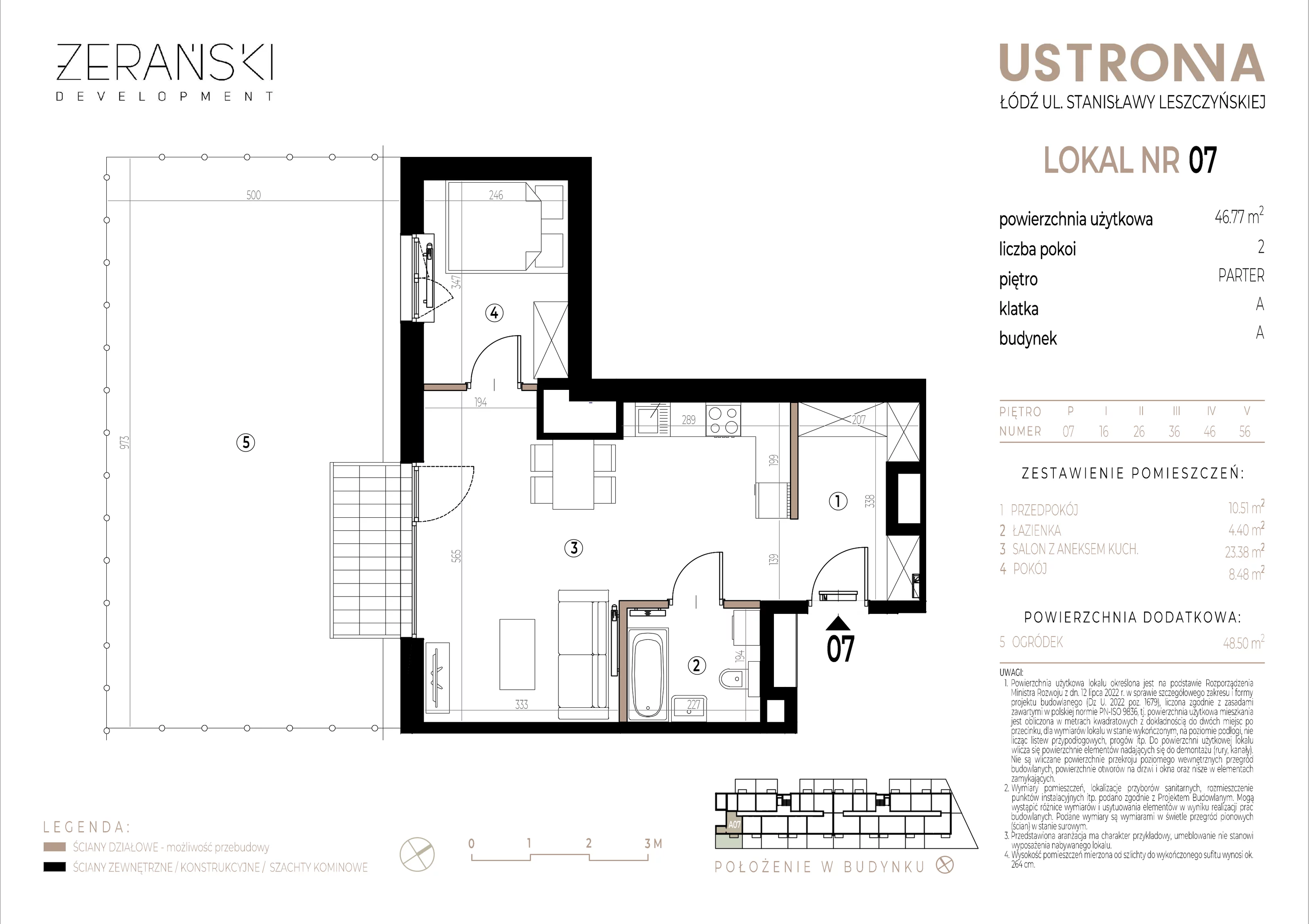 Mieszkanie 46,77 m², parter, oferta nr A/7, Ustronna, Łódź, Górna, Chojny, ul. Ustronna