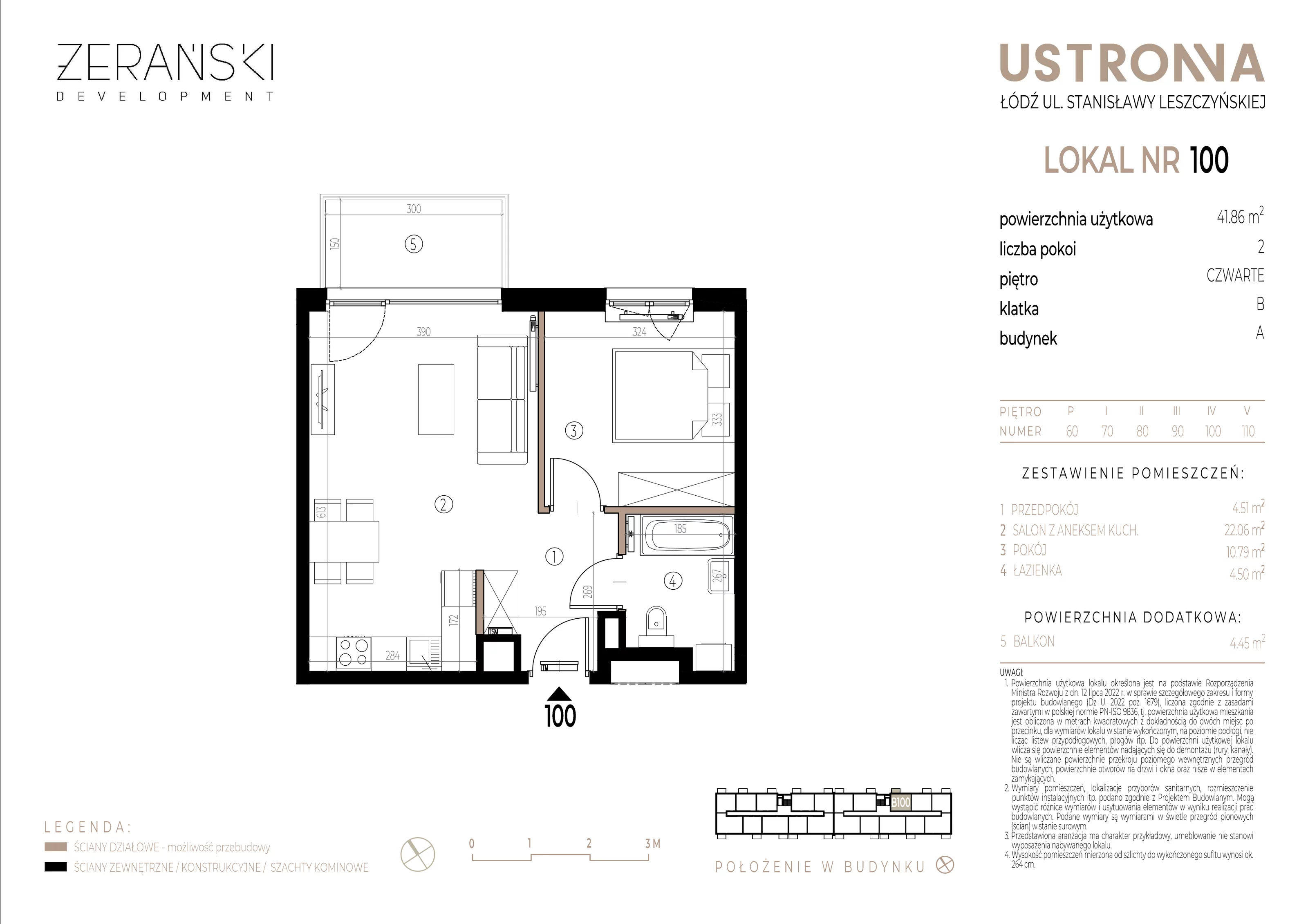 Mieszkanie 41,86 m², piętro 4, oferta nr B/100, Ustronna, Łódź, Górna, Chojny, ul. Ustronna