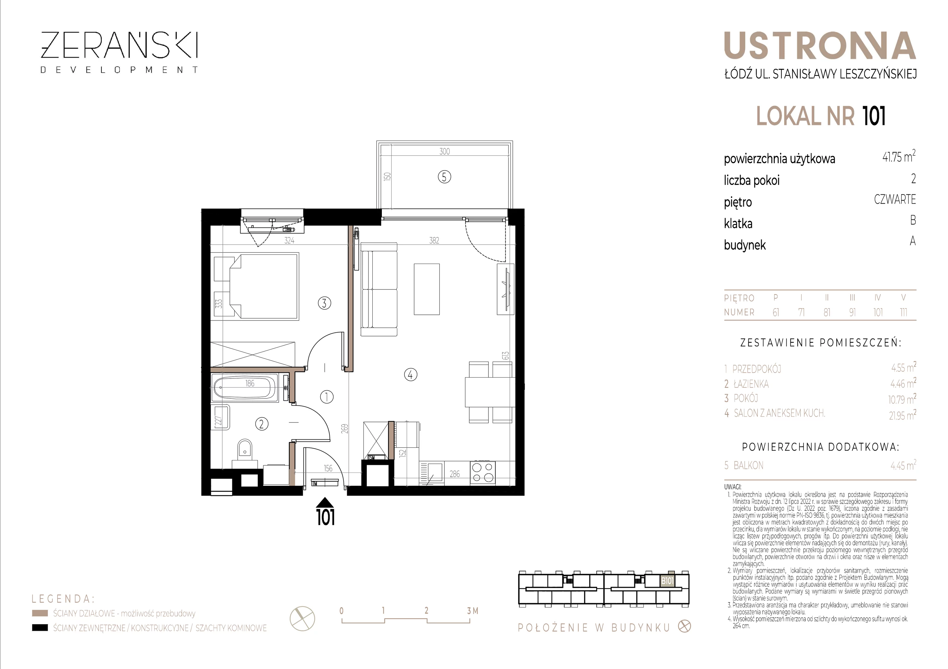 Mieszkanie 41,75 m², piętro 4, oferta nr B/101, Ustronna, Łódź, Górna, Chojny, ul. Ustronna