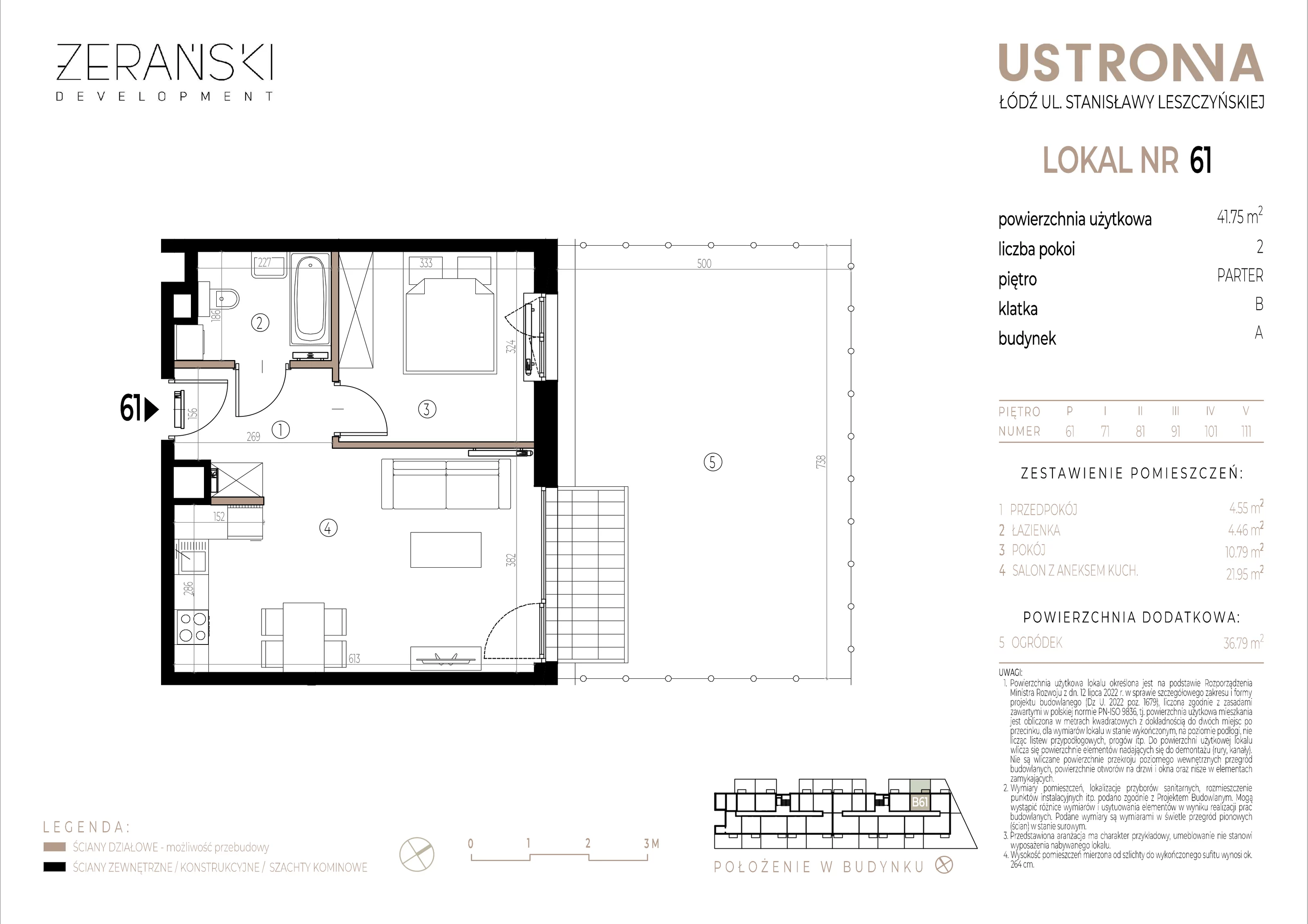 Mieszkanie 41,75 m², parter, oferta nr B/61, Ustronna, Łódź, Górna, Chojny, ul. Ustronna