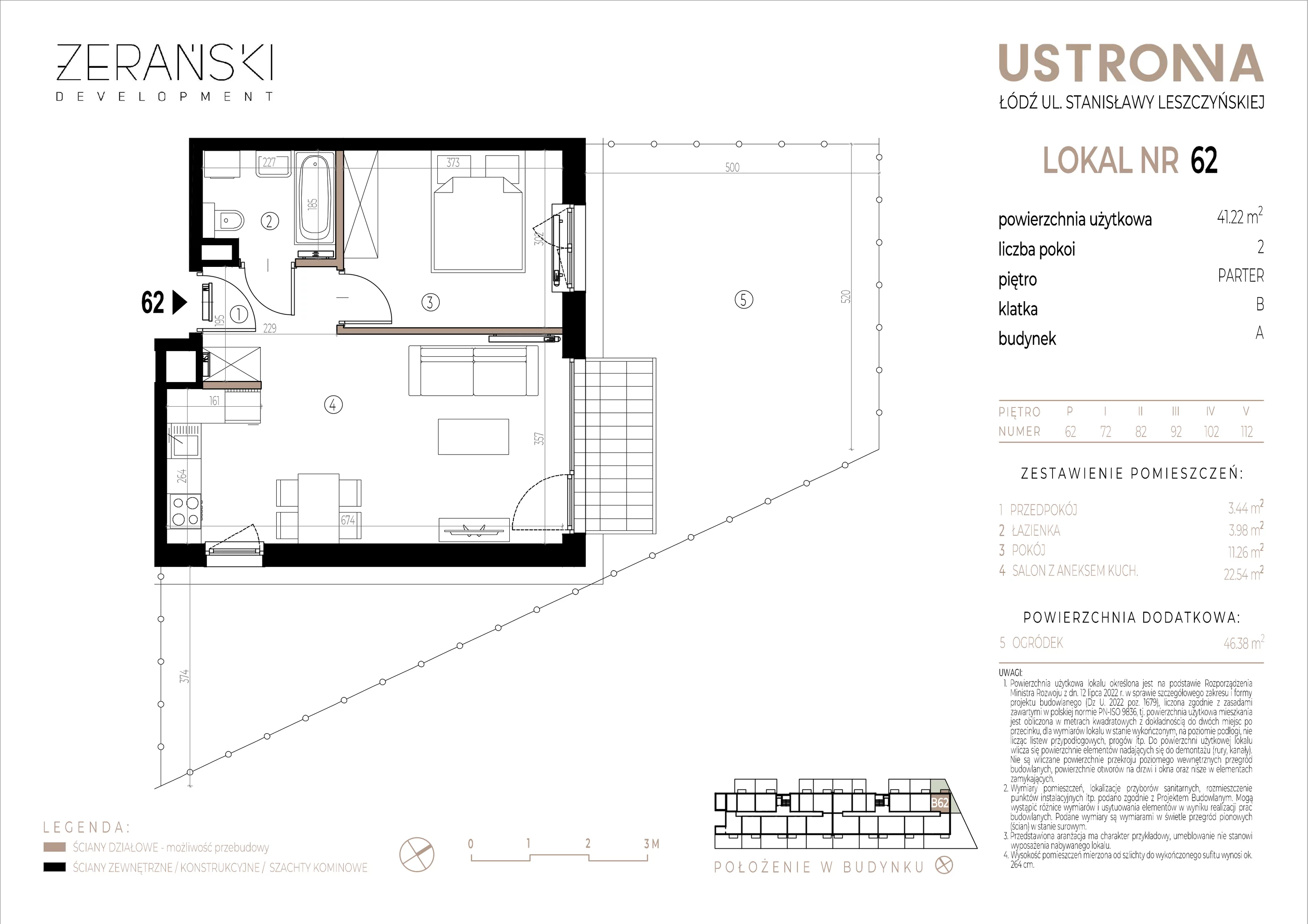 Mieszkanie 41,22 m², parter, oferta nr B/62, Ustronna, Łódź, Górna, Chojny, ul. Ustronna