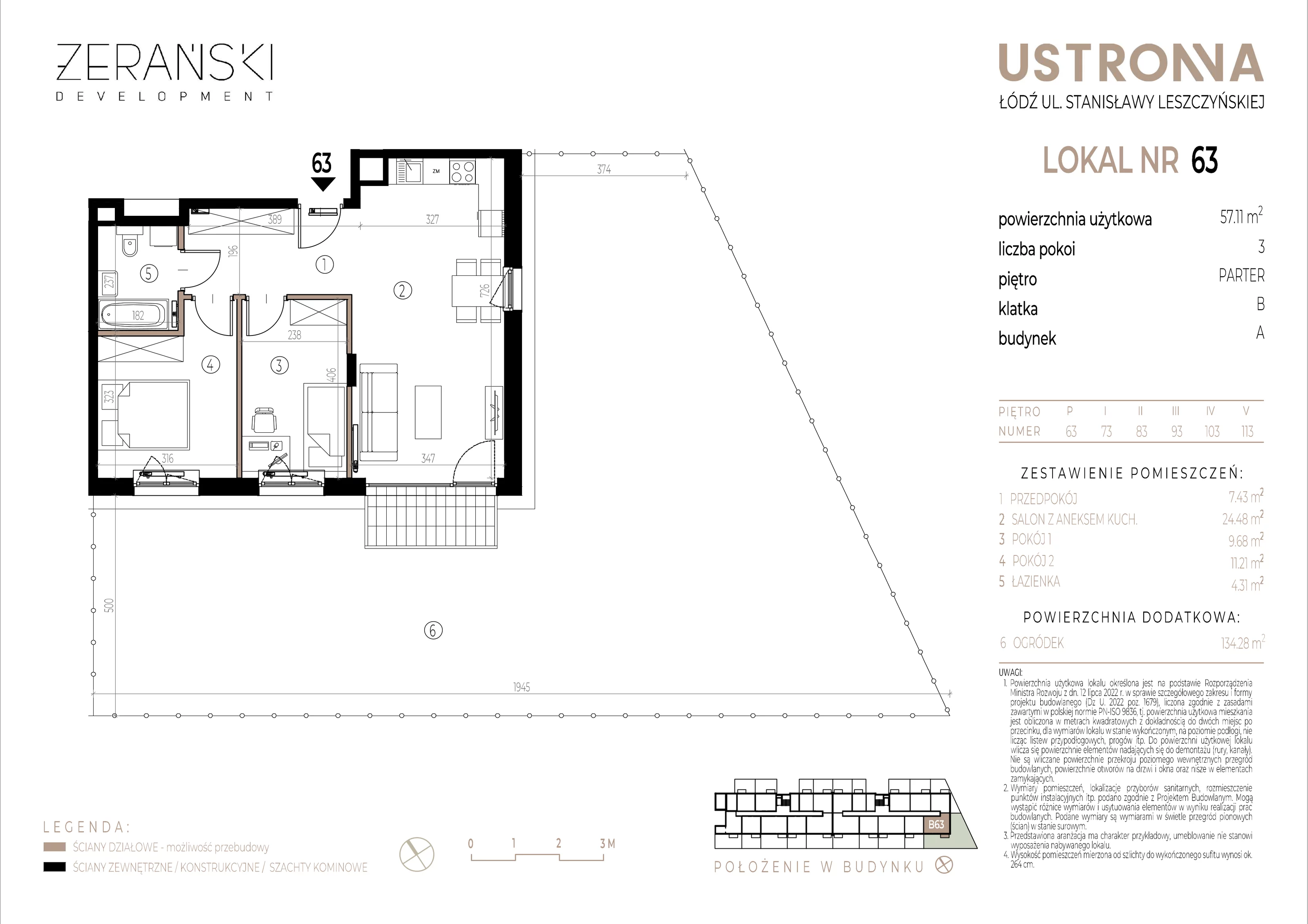 Mieszkanie 57,11 m², parter, oferta nr B/63, Ustronna, Łódź, Górna, Chojny, ul. Ustronna