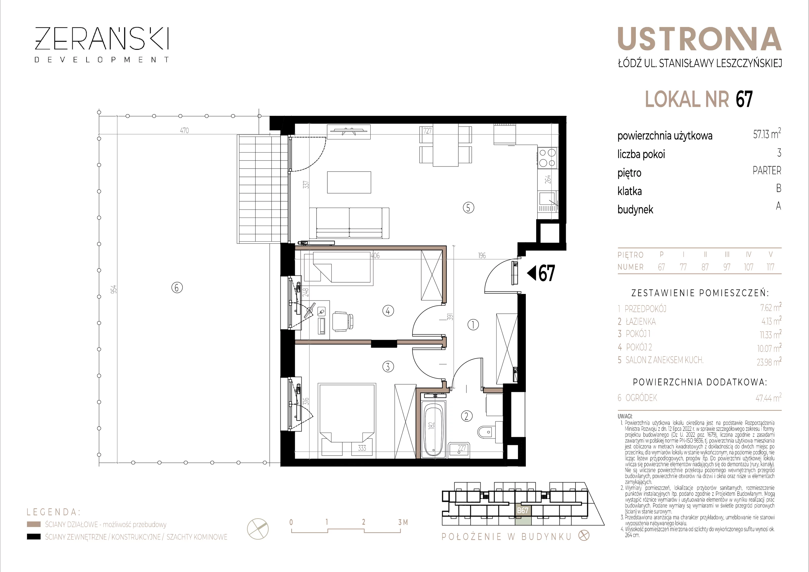 Mieszkanie 57,13 m², parter, oferta nr B/67, Ustronna, Łódź, Górna, Chojny, ul. Ustronna