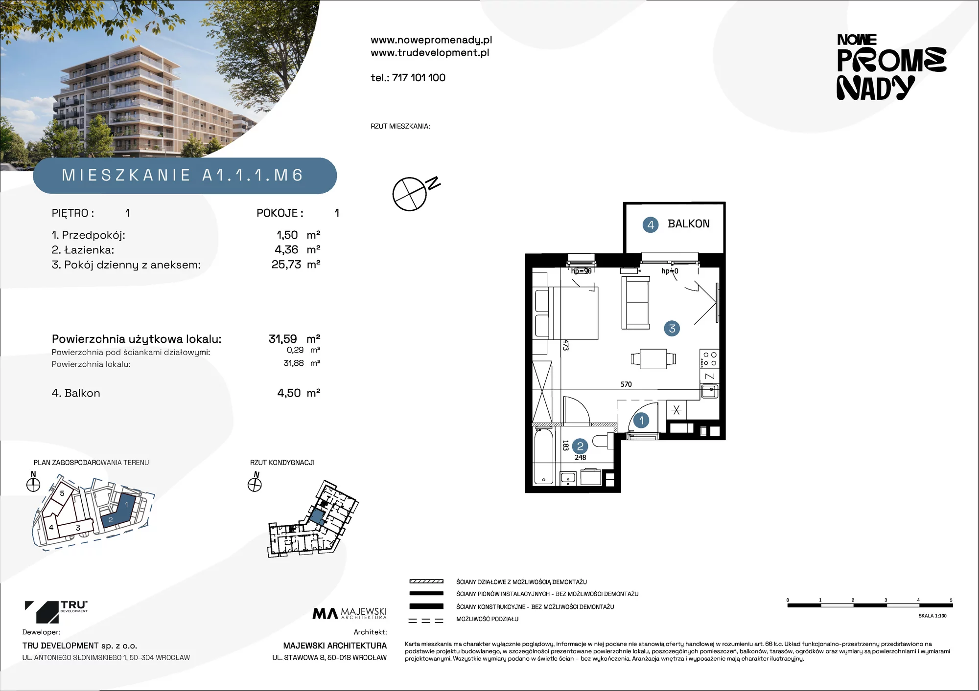 Mieszkanie 31,59 m², piętro 1, oferta nr A1.1.1.M6, Nowe Promenady, Wrocław, Kleczków, Psie Pole, ul. Czesława Miłosza