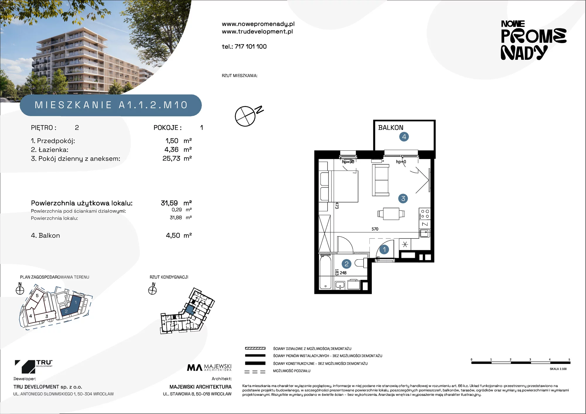 Mieszkanie 31,59 m², piętro 2, oferta nr A1.1.2.M10, Nowe Promenady, Wrocław, Kleczków, Psie Pole, ul. Czesława Miłosza