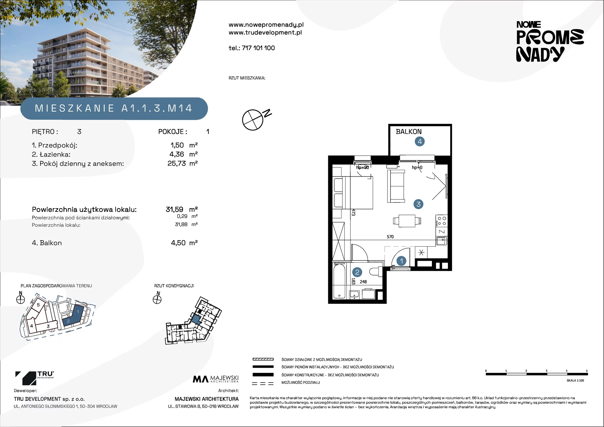 Mieszkanie 31,59 m², piętro 3, oferta nr A1.1.3.M14, Nowe Promenady, Wrocław, Kleczków, Psie Pole, ul. Czesława Miłosza